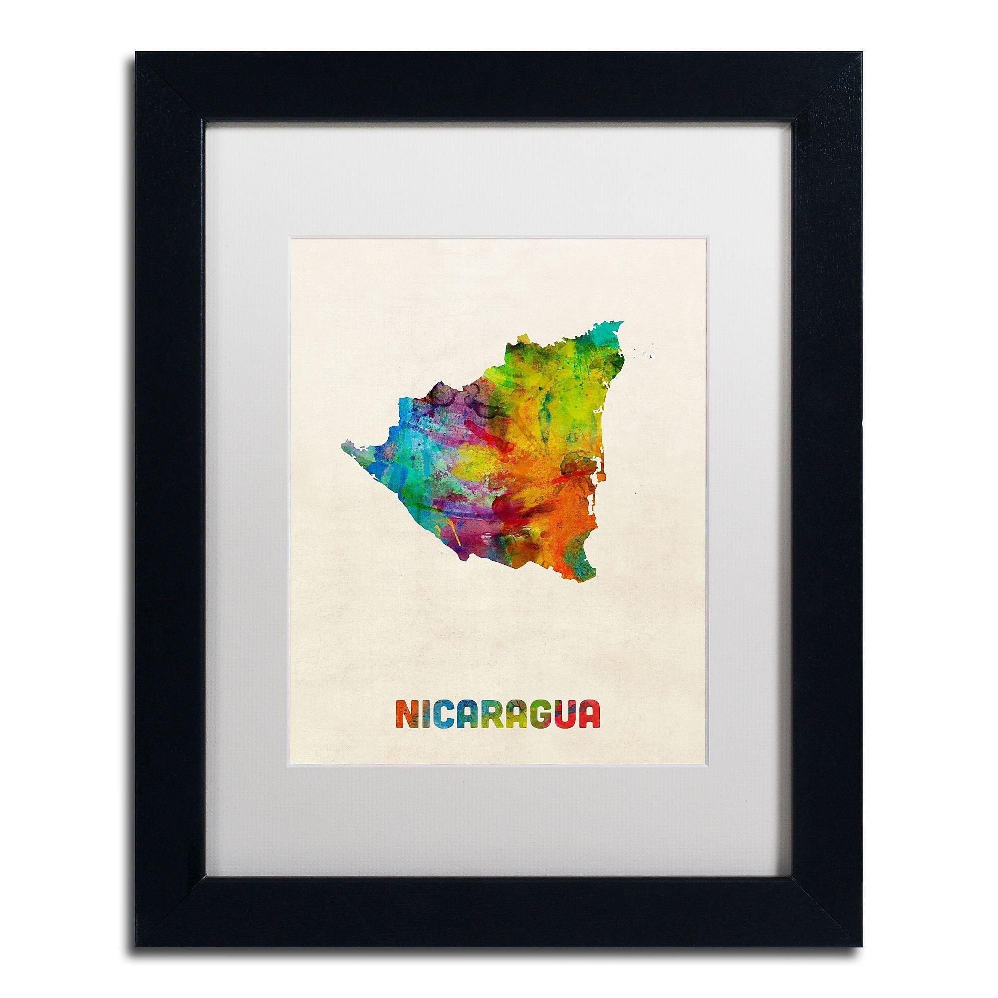 Trademark Fine Art ''Nicaragua Watercolor Map'' by Michael Tompsett 11" x 14" White Matted Black Frame (MT0749-B1114MF)