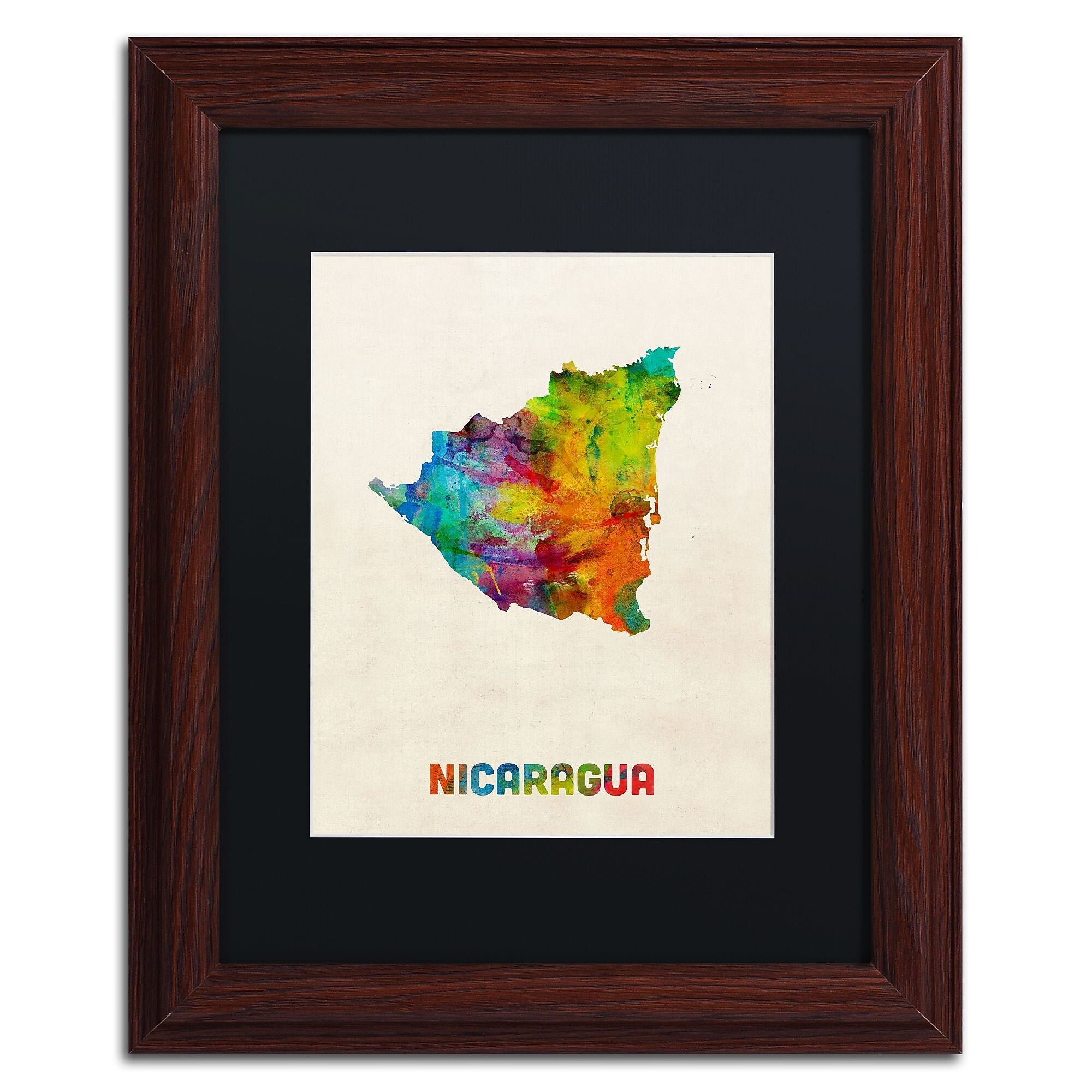 Trademark Fine Art ''Nicaragua Watercolor Map'' by Michael Tompsett 11" x 14" Black Matted Wood Frame (MT0749-W1114BMF)