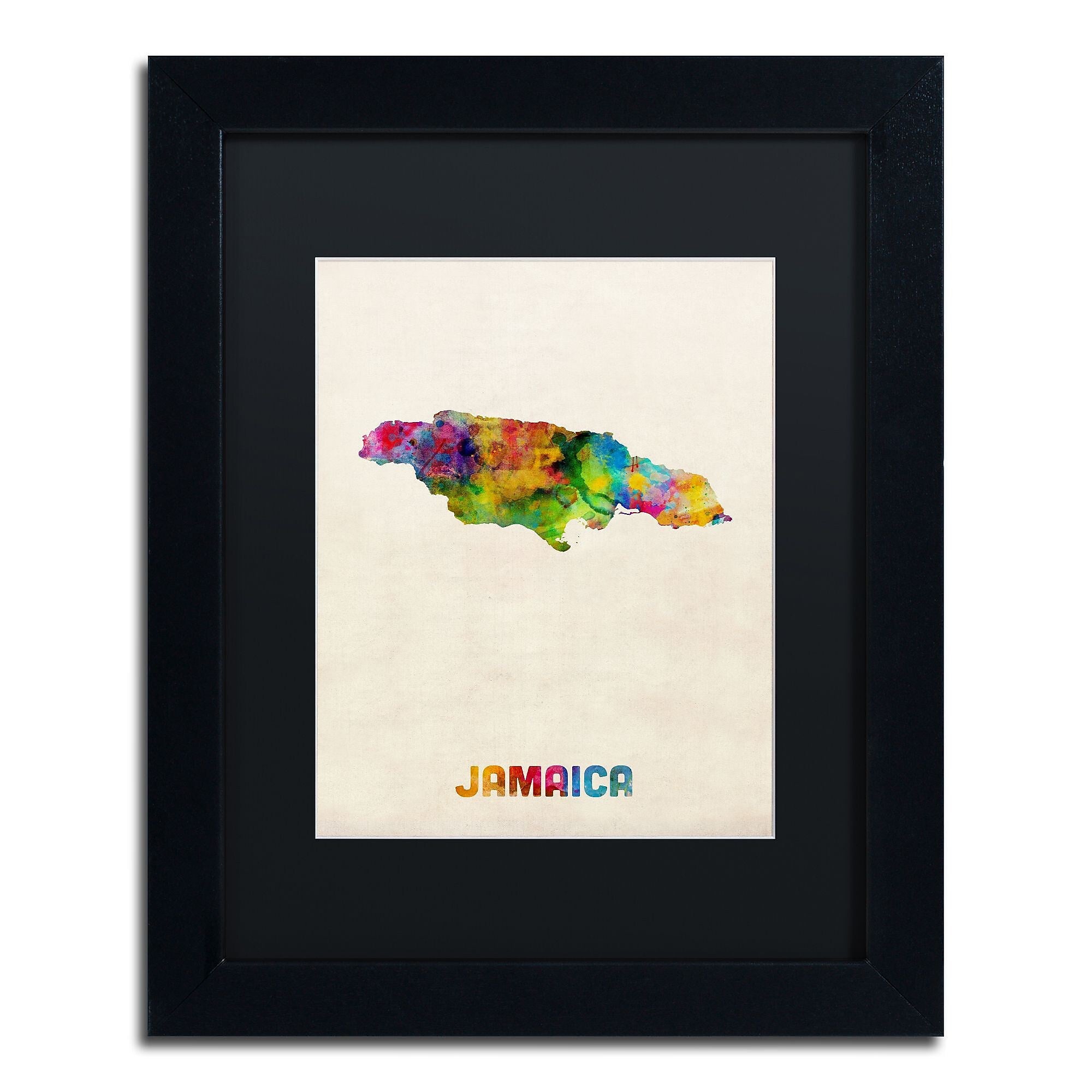 Trademark Fine Art ''Jamaica Watercolor Map'' by Michael Tompsett 11" x 14" Black Matted Black Frame (MT0750-B1114BMF)
