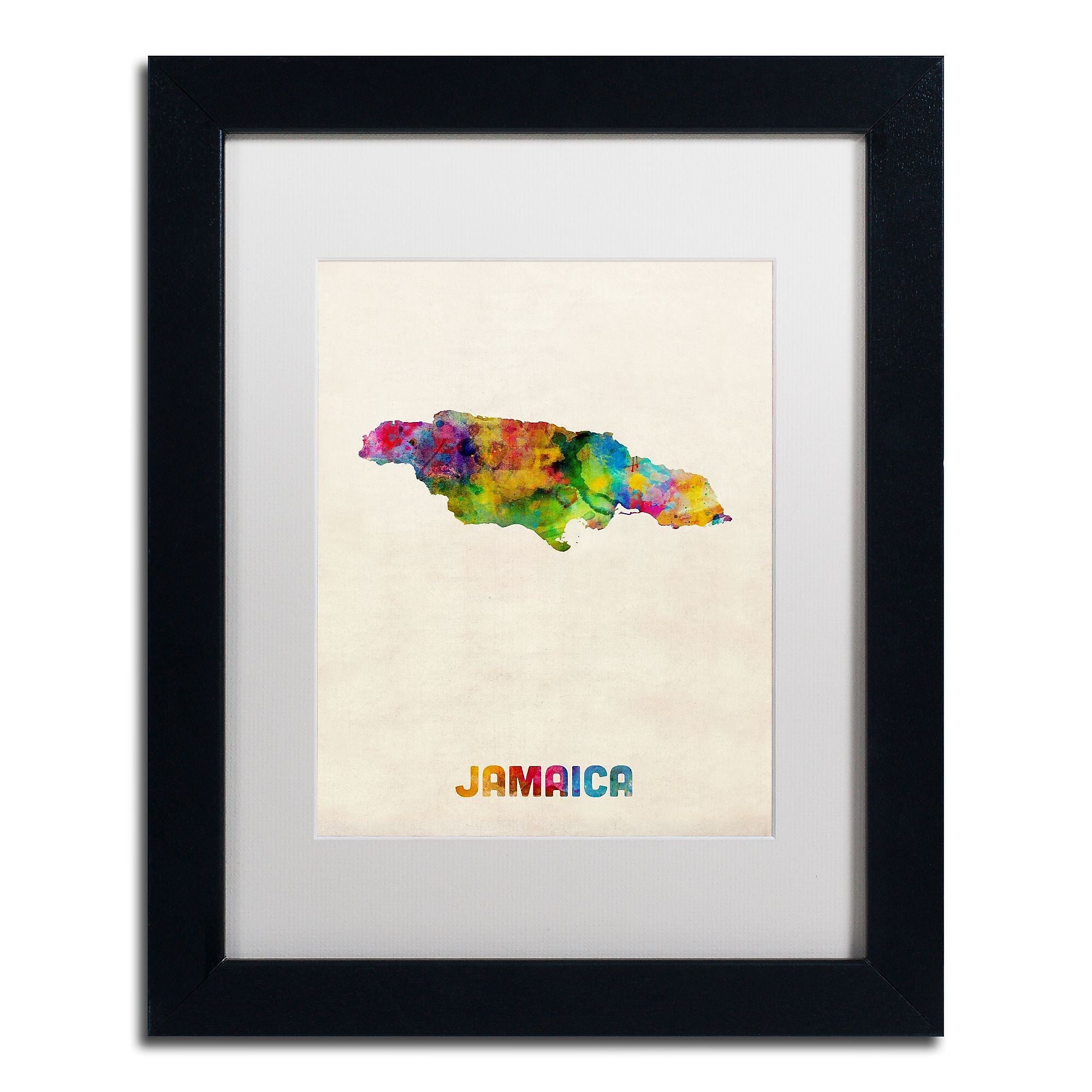 Trademark Fine Art ''Jamaica Watercolor Map'' by Michael Tompsett 11" x 14" White Matted Black Frame (MT0750-B1114MF)