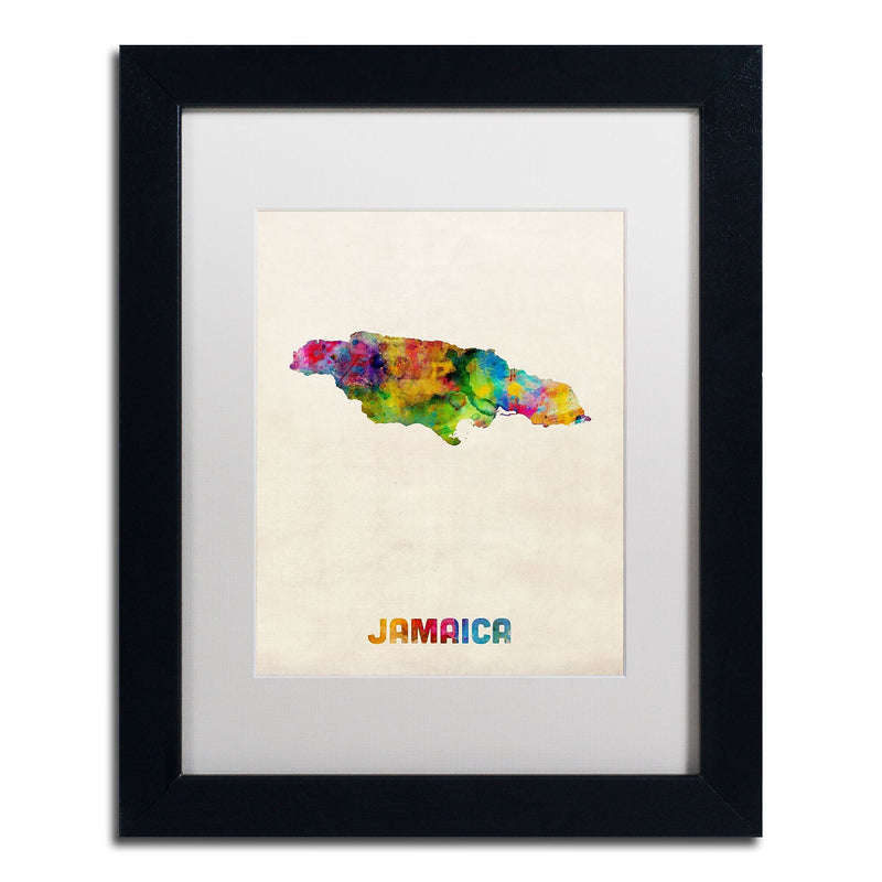 Trademark Fine Art ''Jamaica Watercolor Map'' by Michael Tompsett 11" x 14" White Matted Black Frame (MT0750-B1114MF)