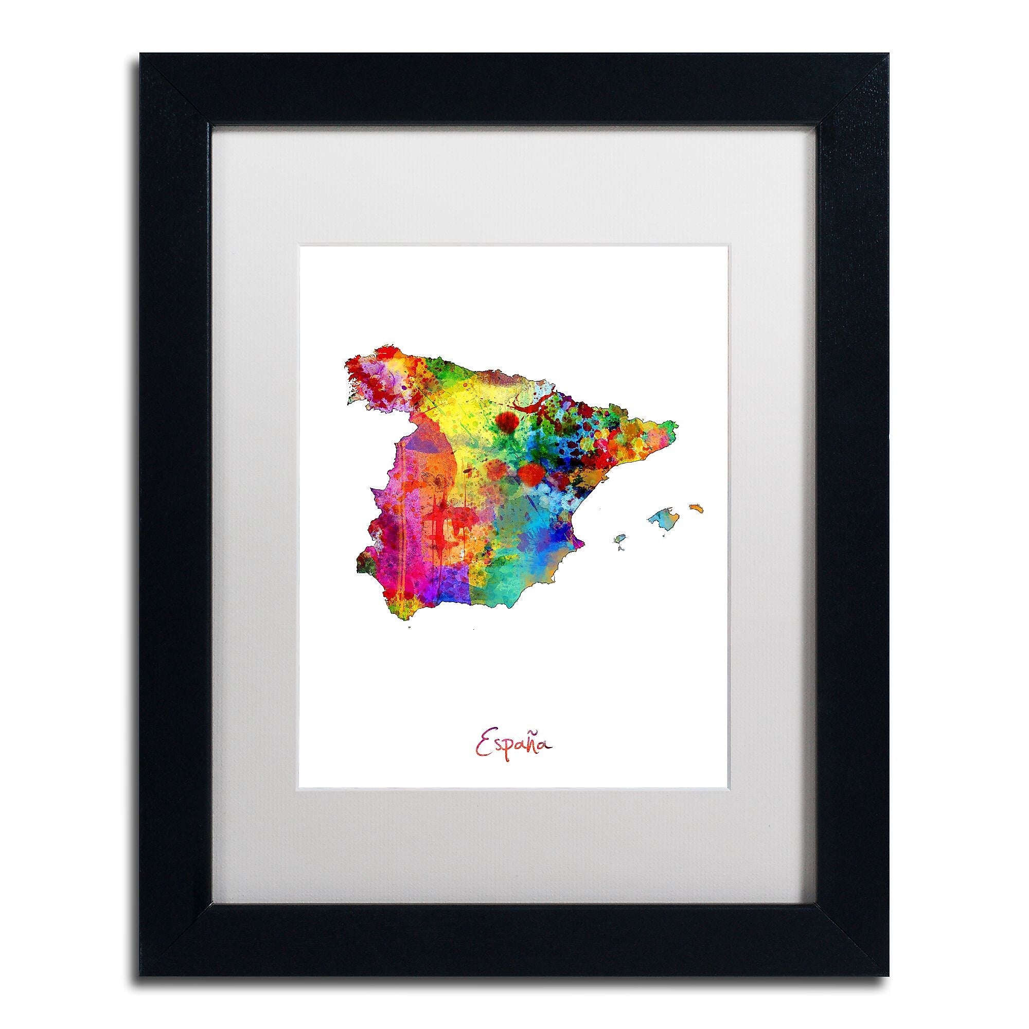 Trademark Fine Art ''Spain Watercolor Map'' by Michael Tompsett 11" x 14" White Matted Black Frame (MT0751-B1114MF)