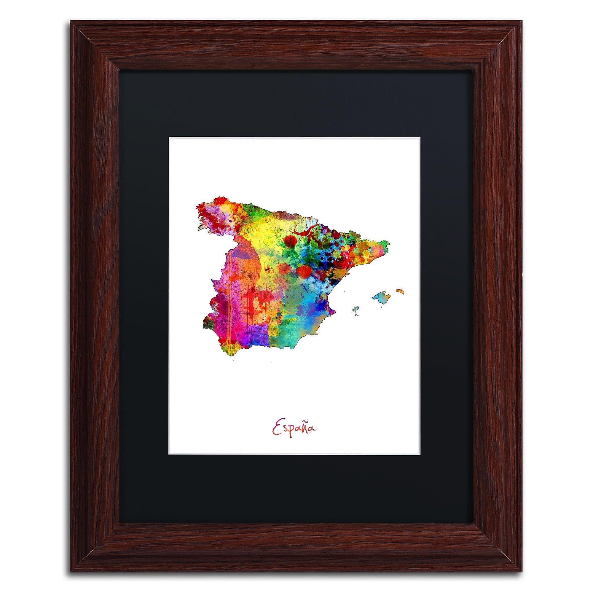 Trademark Fine Art ''Spain Watercolor Map'' by Michael Tompsett 11" x 14" Black Matted Wood Frame (MT0751-W1114BMF)
