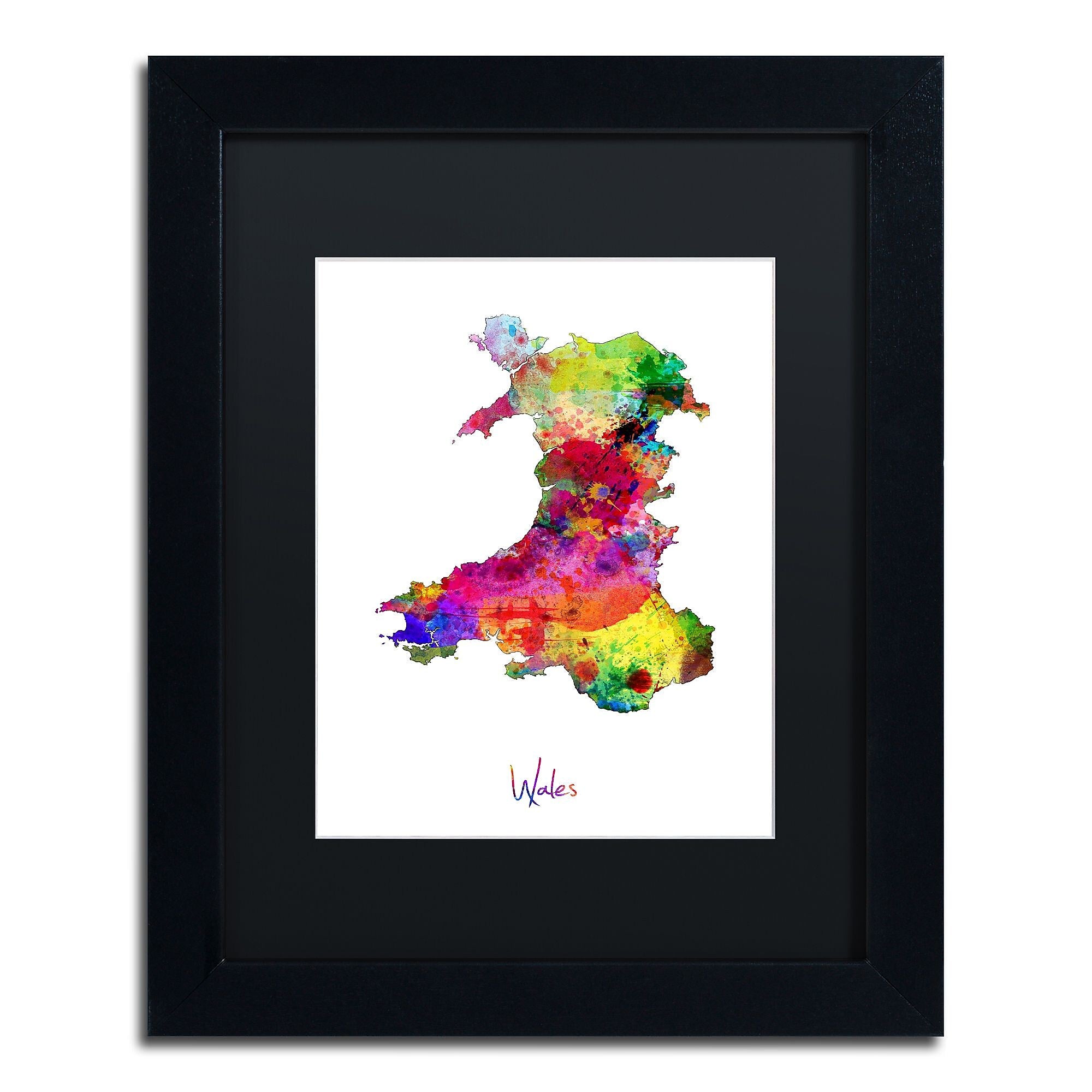 Trademark Fine Art ''Wales Watercolor Map'' by Michael Tompsett 11" x 14" Black Matted Black Frame (MT0752-B1114BMF)