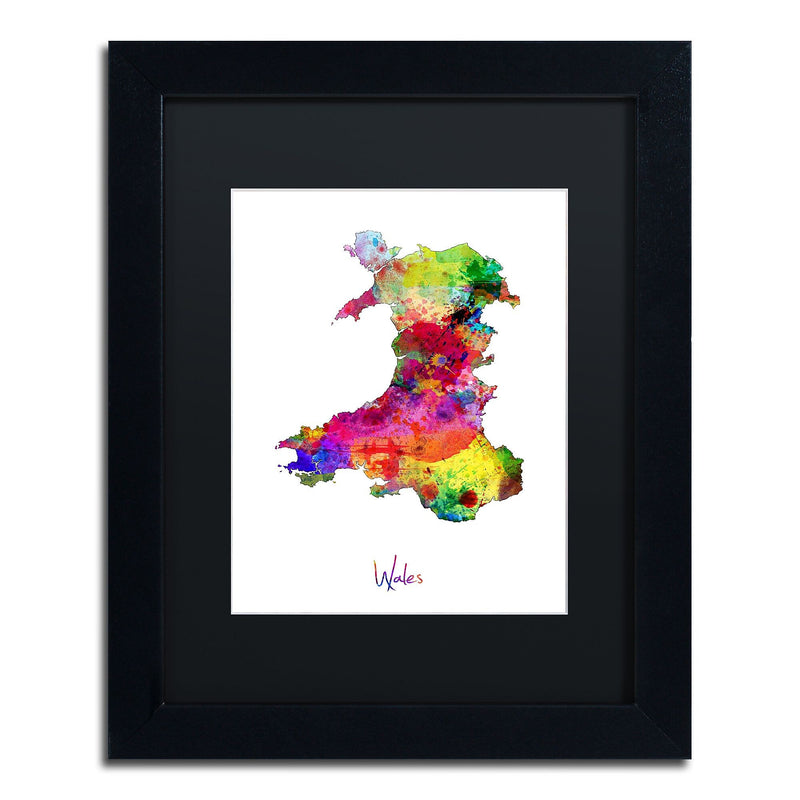 Trademark Fine Art ''Wales Watercolor Map'' by Michael Tompsett 11" x 14" Black Matted Black Frame (MT0752-B1114BMF)