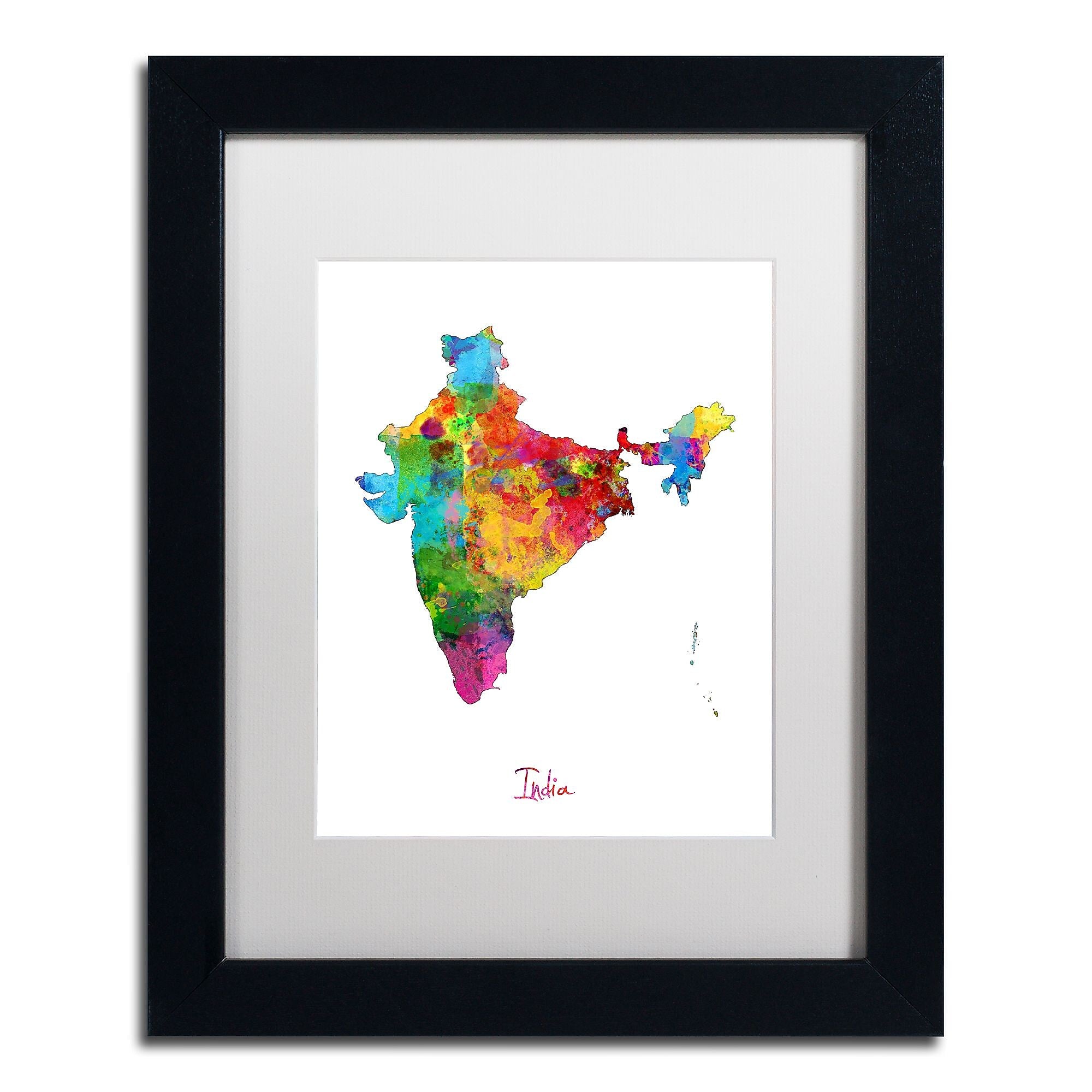 Trademark Fine Art ''India Watercolor Map'' by Michael Tompsett 11" x 14" White Matted Black Frame (MT0753-B1114MF)