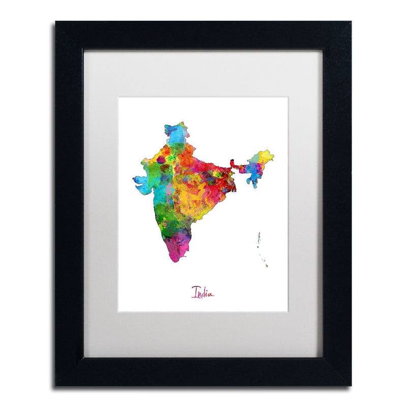 Trademark Fine Art ''India Watercolor Map'' by Michael Tompsett 11" x 14" White Matted Black Frame (MT0753-B1114MF)