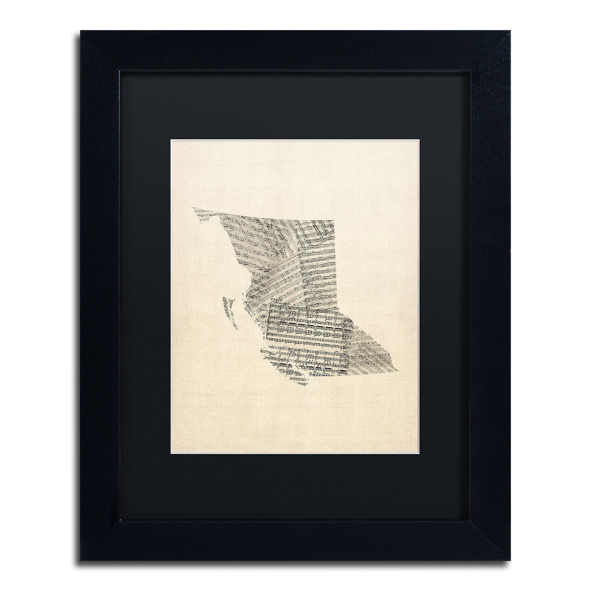 Trademark Fine Art ''Sheet Music Map British Columbia'' by Michael Tompsett 11" x 14" Black Frame (MT0755-B1114BMF)