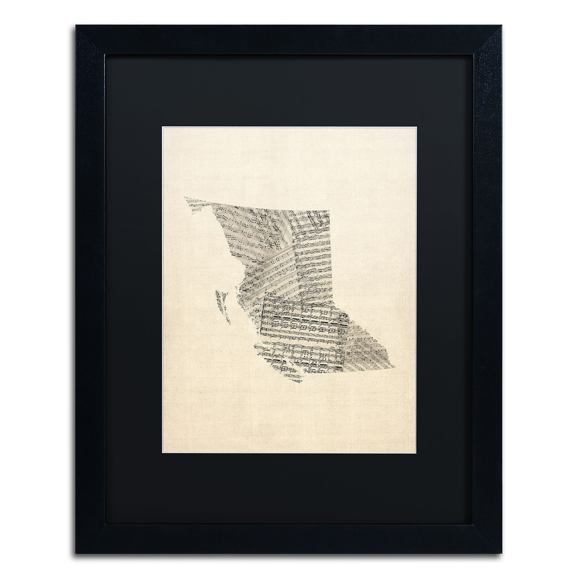 Trademark Fine Art ''Sheet Music Map British Columbia'' by Michael Tompsett 16" x 20" Black Matted Black Frame (MT0755-B1620BMF)
