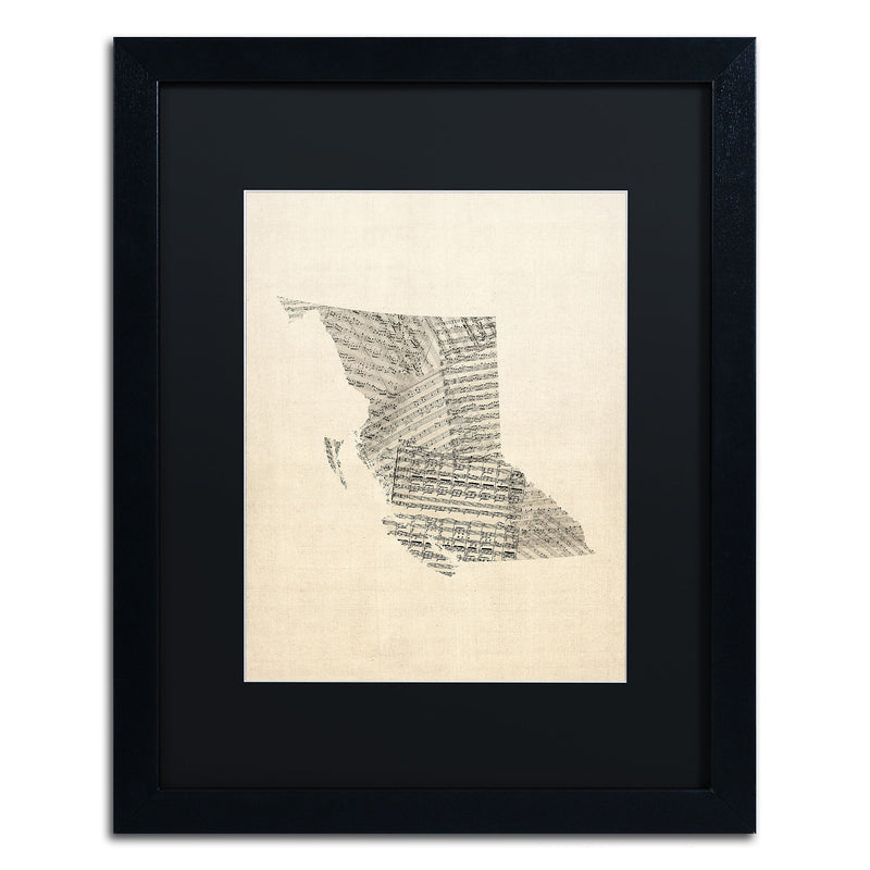 Trademark Fine Art ''Sheet Music Map British Columbia'' by Michael Tompsett 16" x 20" Black Matted Black Frame (MT0755-B1620BMF)