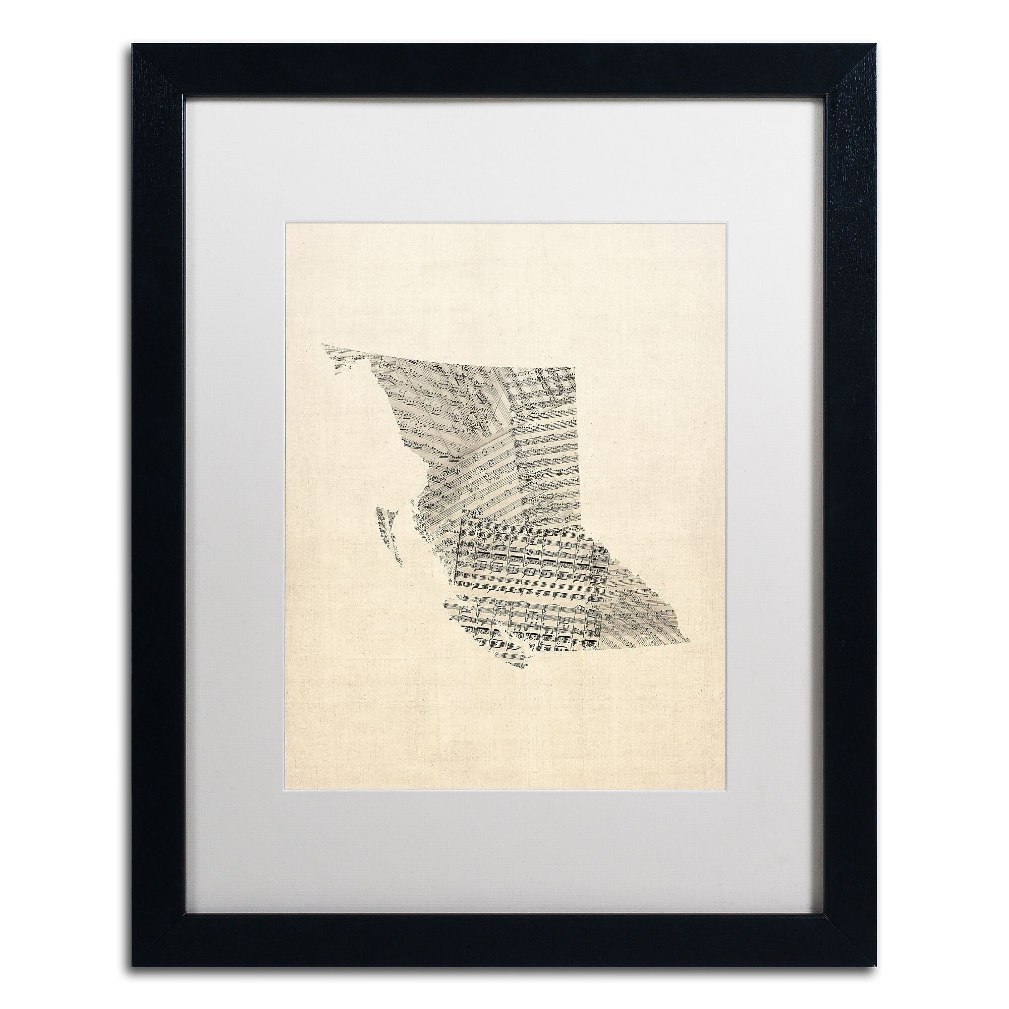 Trademark Fine Art ''Sheet Music Map British Columbia'' by Michael Tompsett 16" x 20" White Matted Black Frame (MT0755-B1620MF)