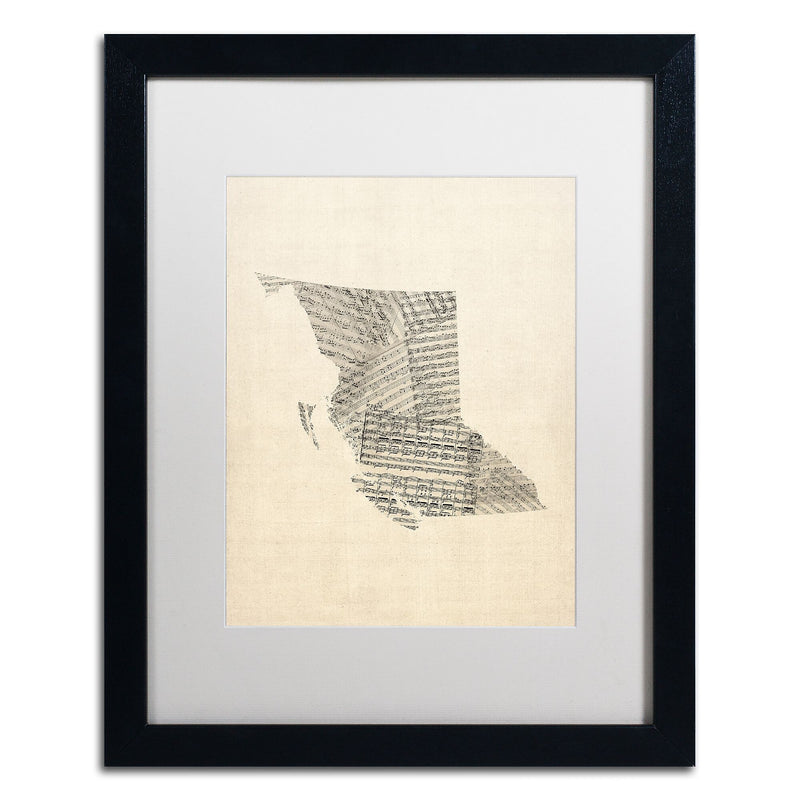 Trademark Fine Art ''Sheet Music Map British Columbia'' by Michael Tompsett 16" x 20" White Matted Black Frame (MT0755-B1620MF)