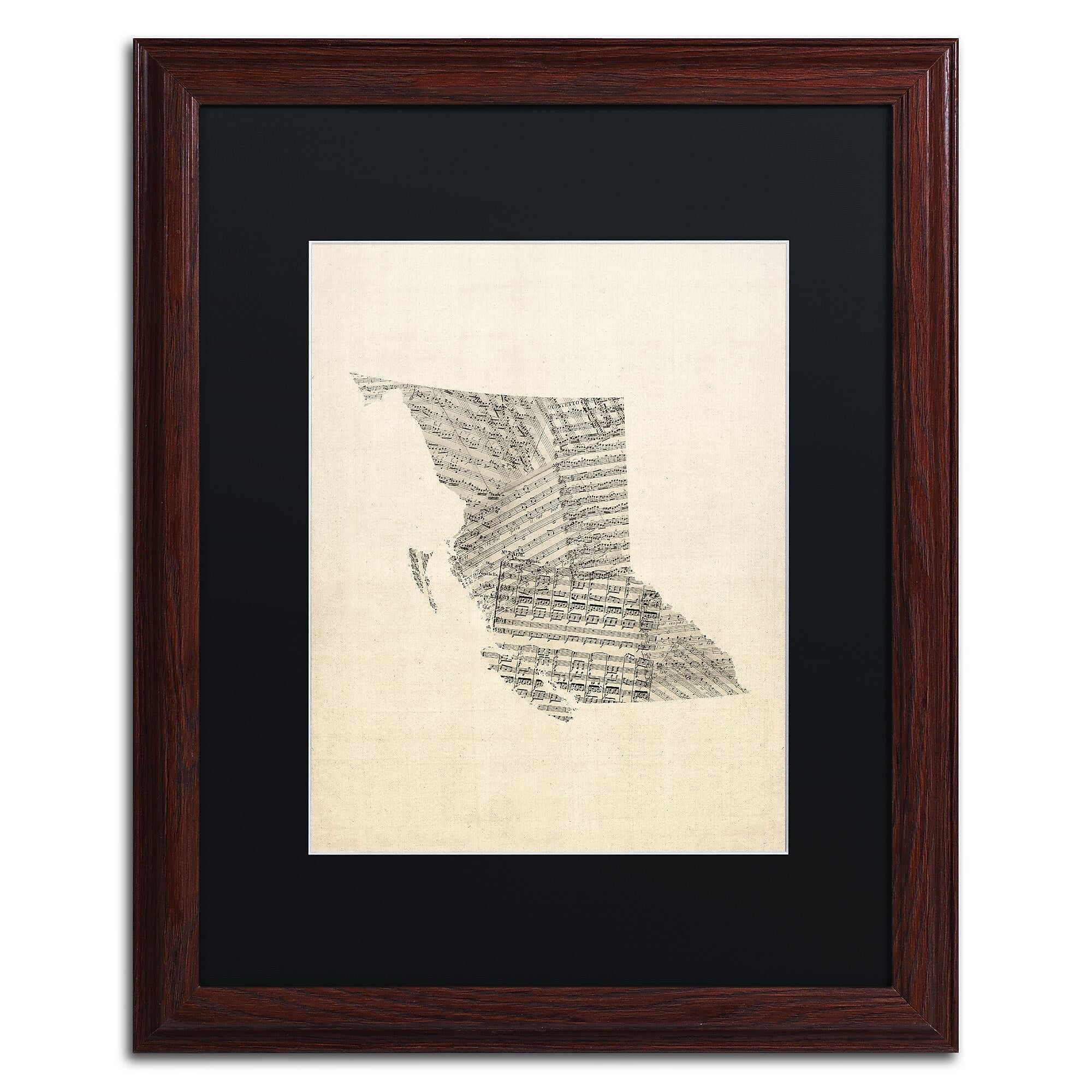 Trademark Fine Art ''Sheet Music Map British Columbia'' by Michael Tompsett 16" x 20" Black Matted Wood Frame (MT0755-W1620BMF)