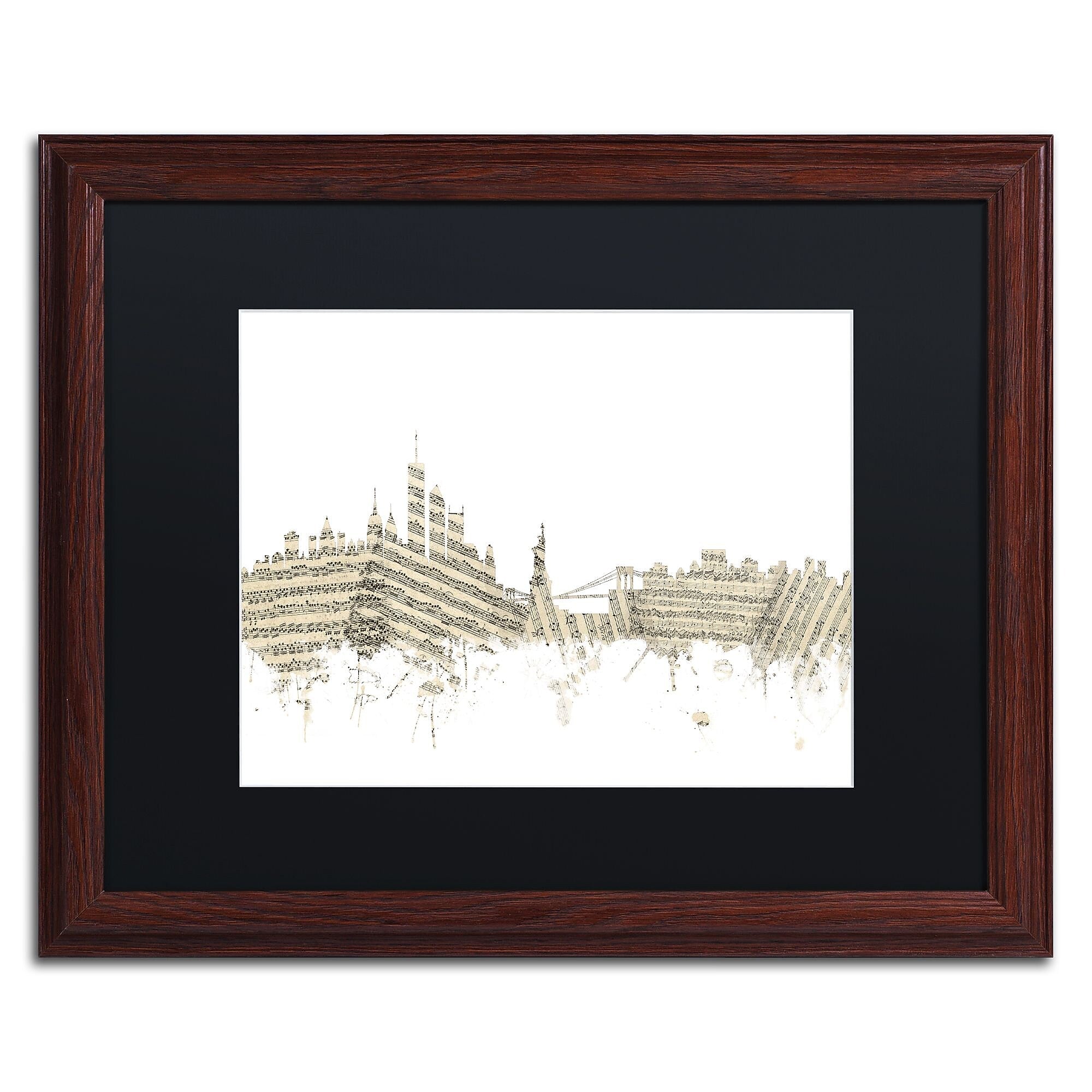 Trademark Fine Art ''New York Skyline Sheet Music'' by Michael Tompsett 16" x 20" Black Matted Wood Frame (MT0821-W1620BMF)