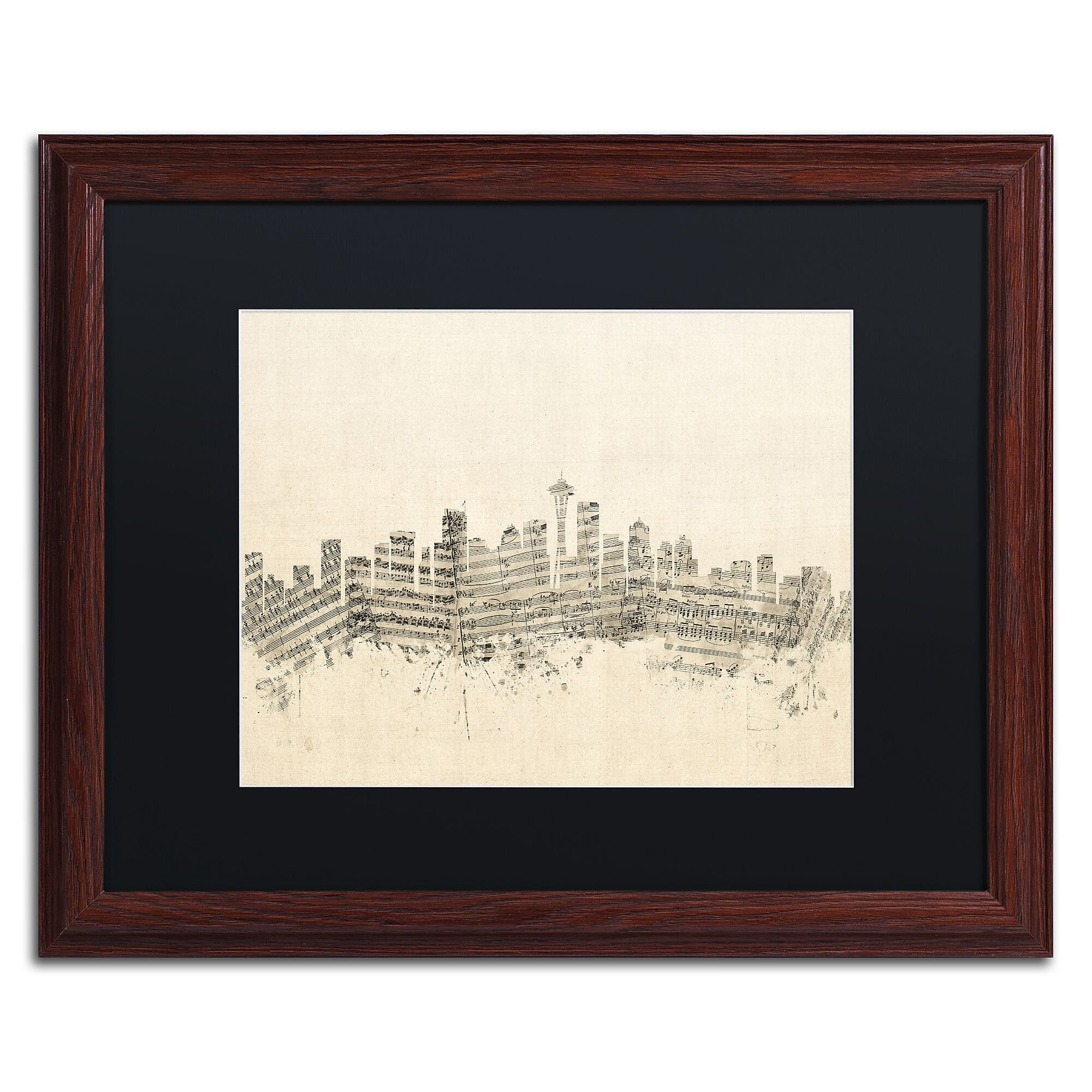 Trademark Fine Art ''Seattle Skyline Sheet Music'' by Michael Tompsett 16" x 20" Black Matted Wood Frame (MT0832-W1620BMF)