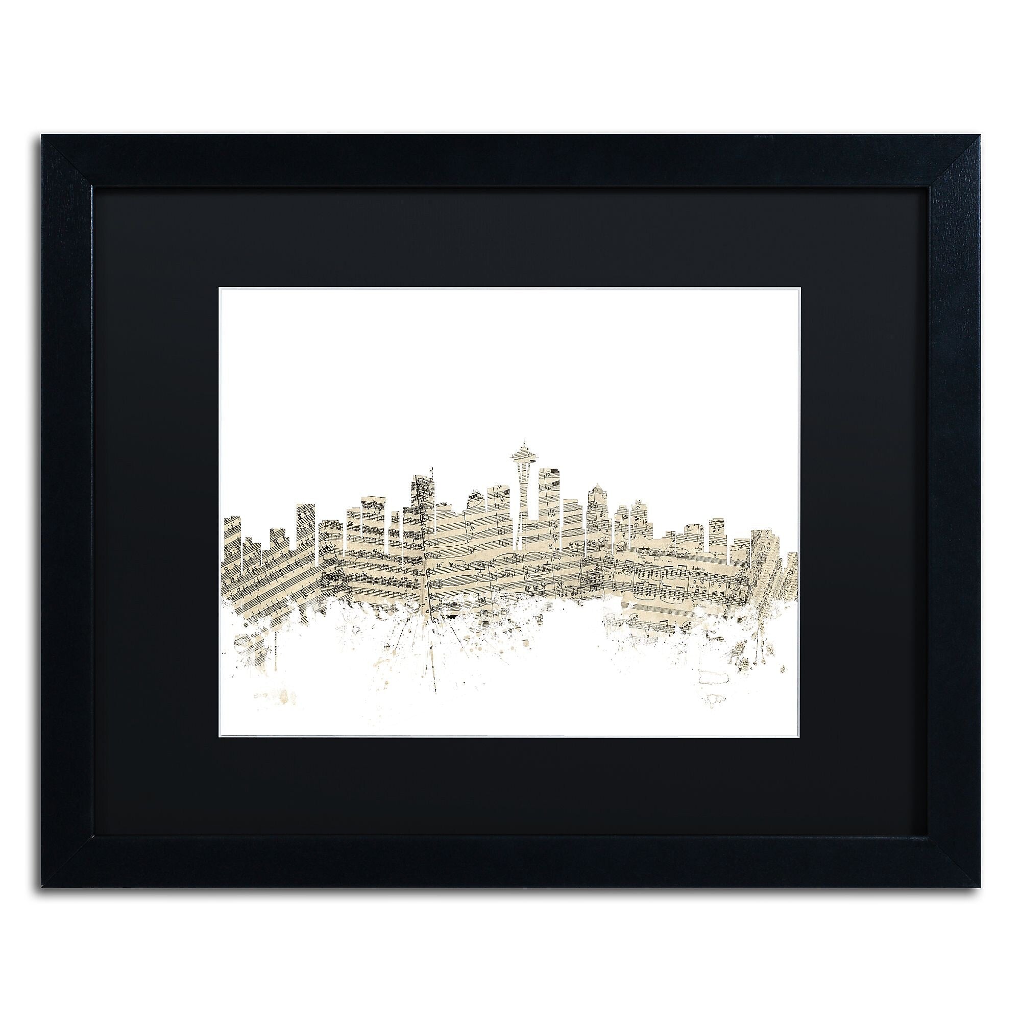 Trademark Fine Art ''Seattle Skyline Sheet Music'' by Michael Tompsett 16" x 20" Black Matted Black Frame (MT0833-B1620BMF)