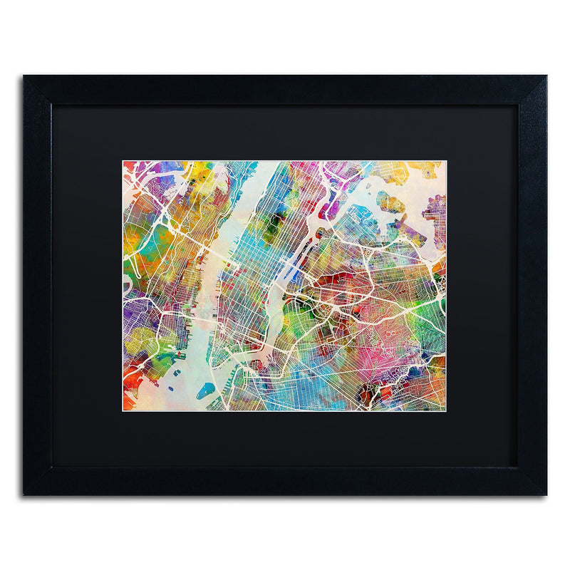 Trademark Fine Art ''New York City Street Map'' by Michael Tompsett 16" x 20" Black Matted Black Frame (MT0854-B1620BMF)