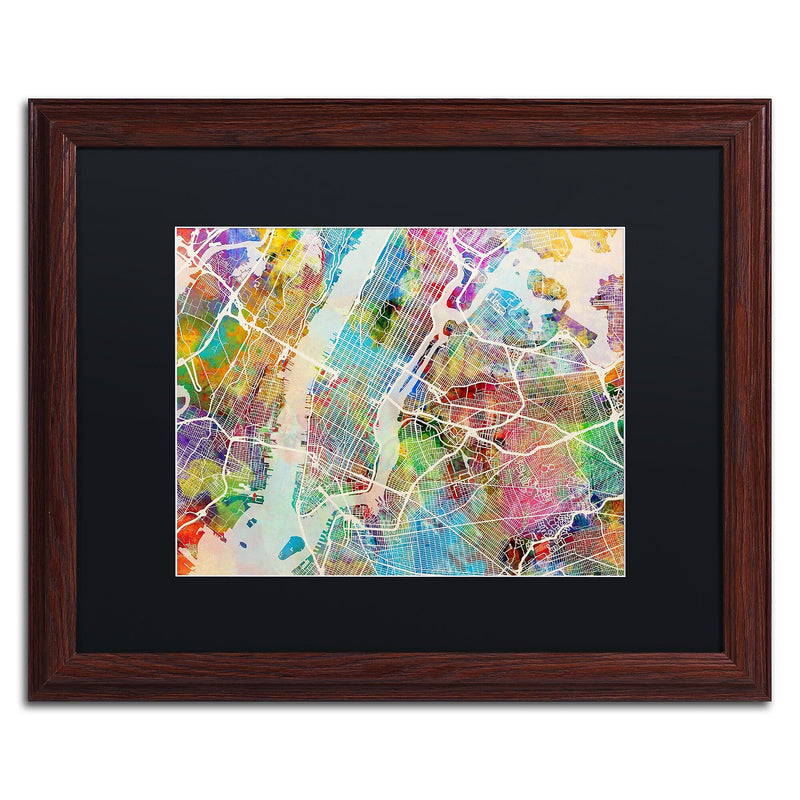Trademark Fine Art ''New York City Street Map'' by Michael Tompsett 16" x 20" Black Matted Wood Frame (MT0854-W1620BMF)