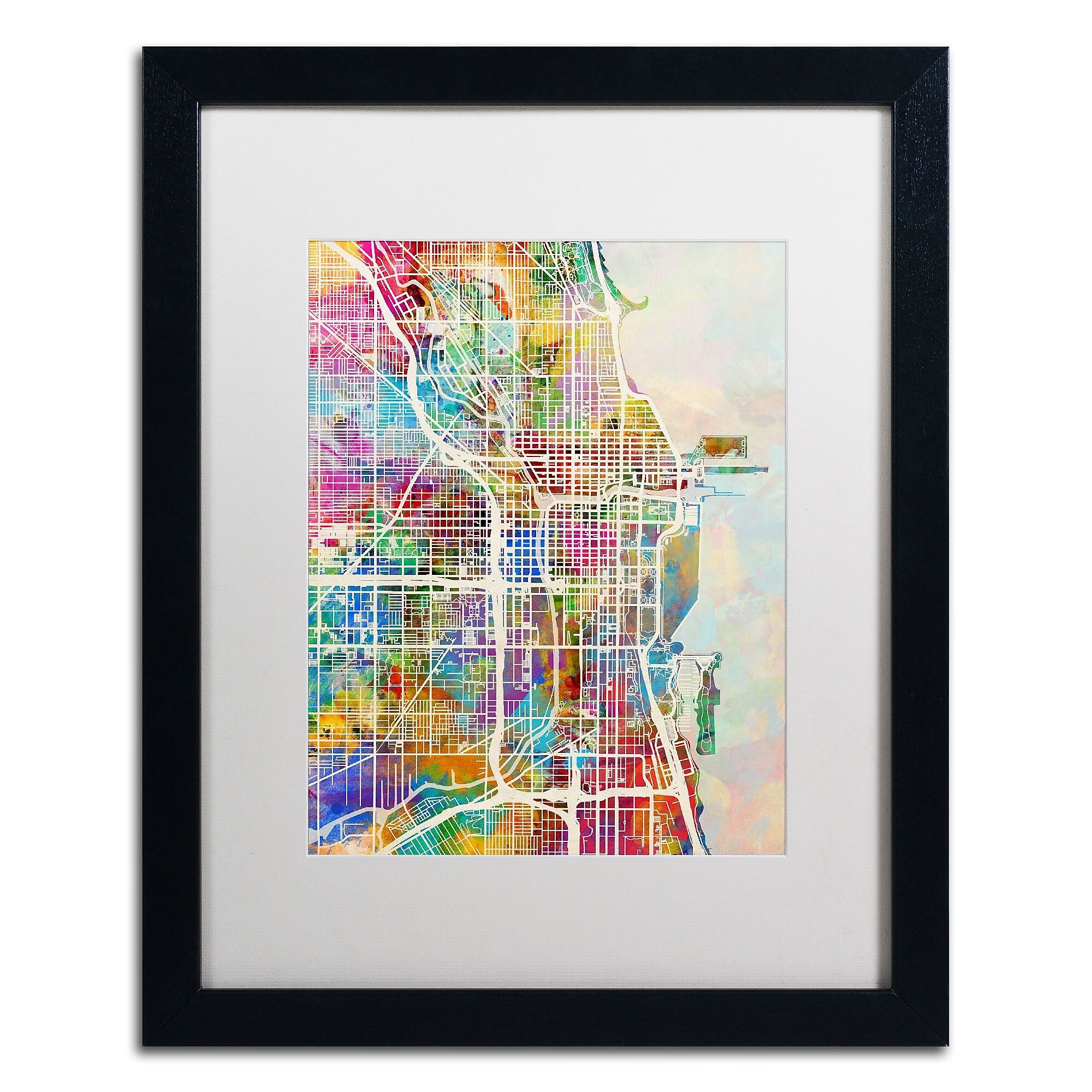 Trademark Fine Art ''Chicago City Street Map II'' by Michael Tompsett 16" x 20" White Matted Black Frame (MT0856-B1620MF)