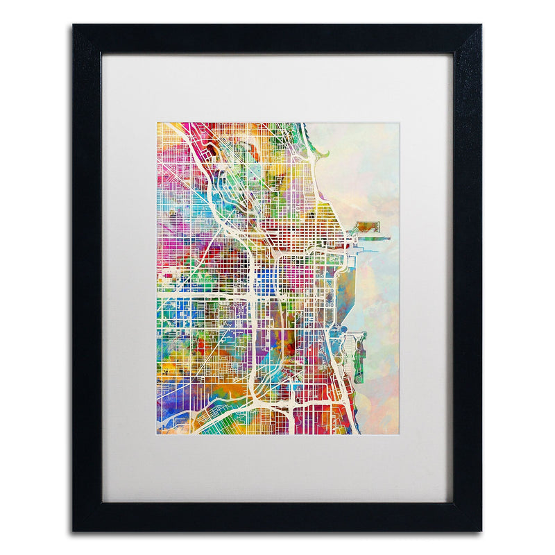 Trademark Fine Art ''Chicago City Street Map II'' by Michael Tompsett 16" x 20" White Matted Black Frame (MT0856-B1620MF)