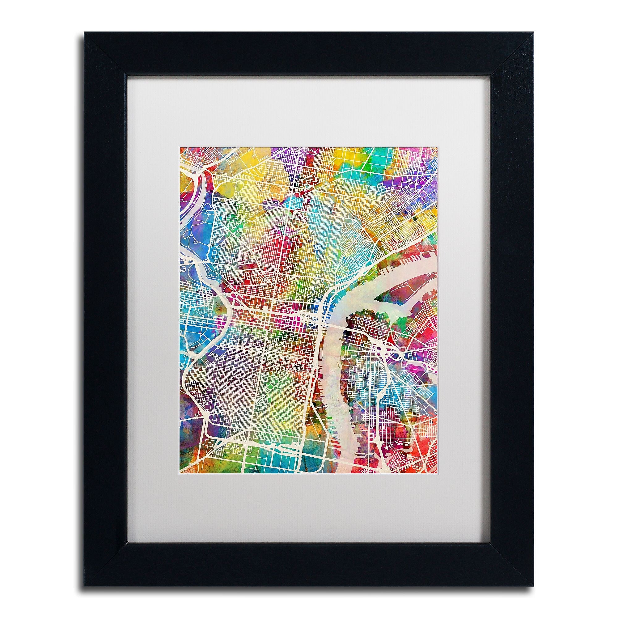 Trademark Fine Art ''Philadelphia Street Map'' by Michael Tompsett 11" x 14" White Matted Black Frame (MT0857-B1114MF)