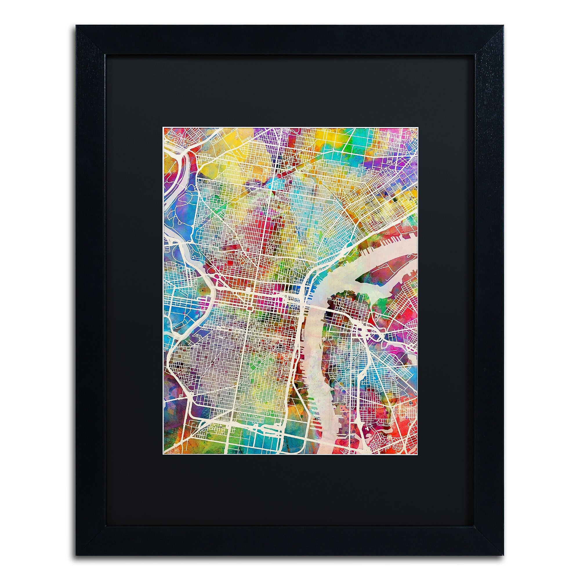 Trademark Fine Art ''Philadelphia Street Map'' by Michael Tompsett 16" x 20" Black Matted Black Frame (MT0857-B1620BMF)