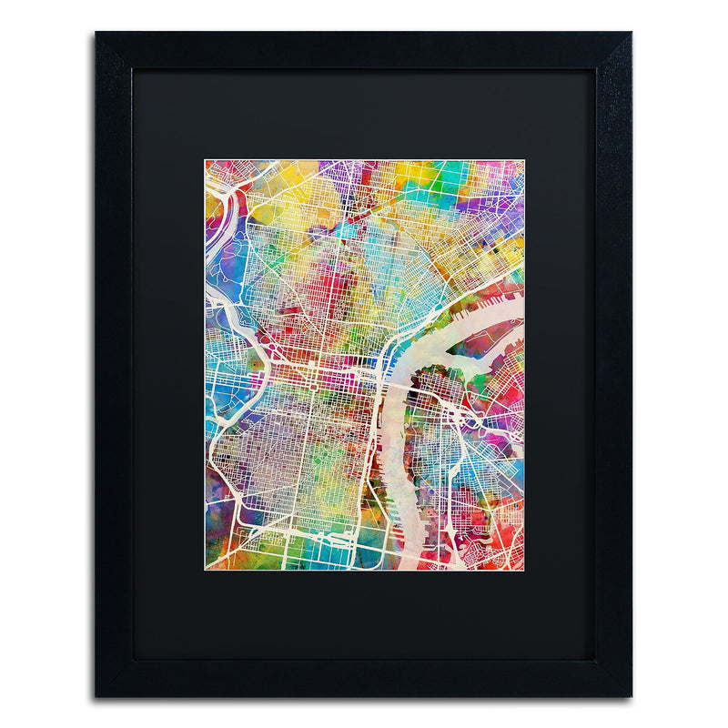 Trademark Fine Art ''Philadelphia Street Map'' by Michael Tompsett 16" x 20" Black Matted Black Frame (MT0857-B1620BMF)