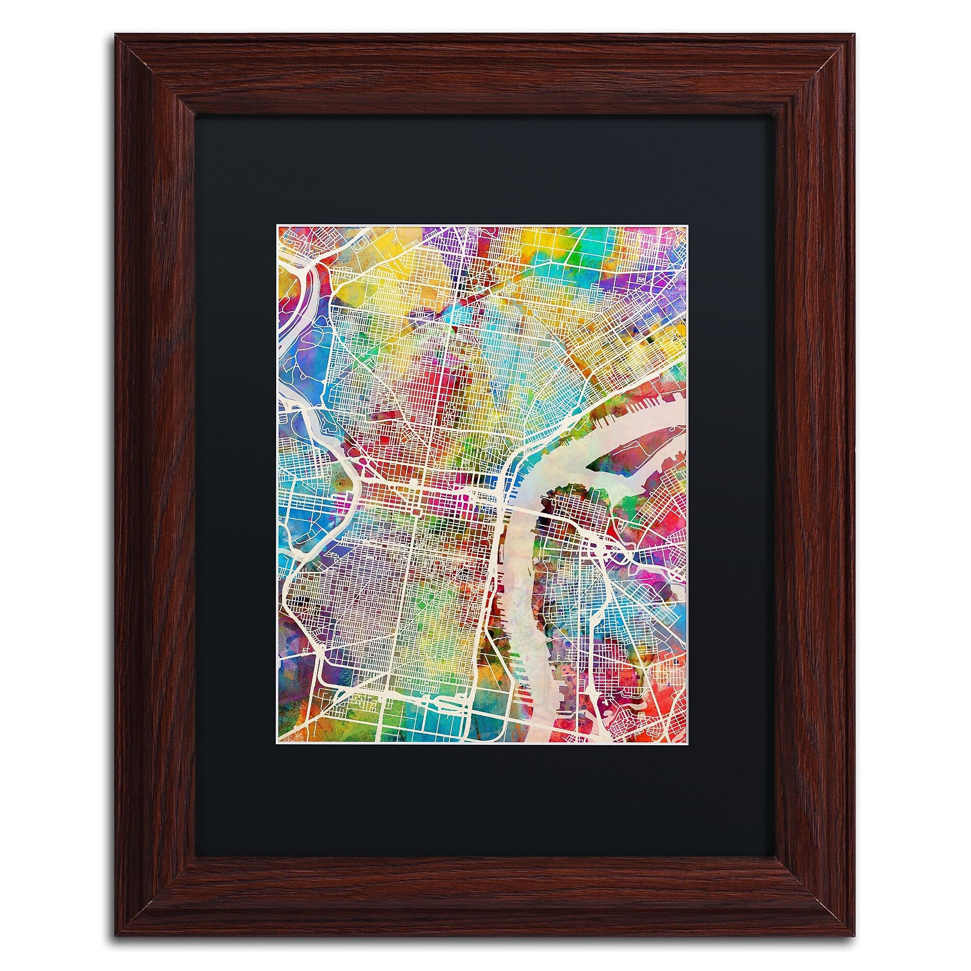 Trademark Fine Art ''Philadelphia Street Map'' by Michael Tompsett 11" x 14" Black Matted Wood Frame (MT0857-W1114BMF)