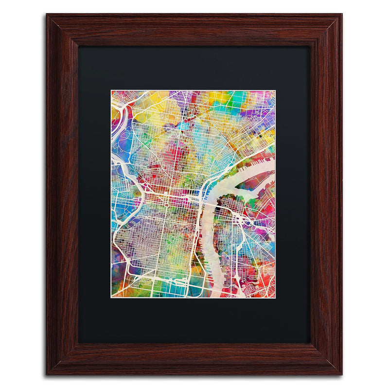 Trademark Fine Art ''Philadelphia Street Map'' by Michael Tompsett 11" x 14" Black Matted Wood Frame (MT0857-W1114BMF)