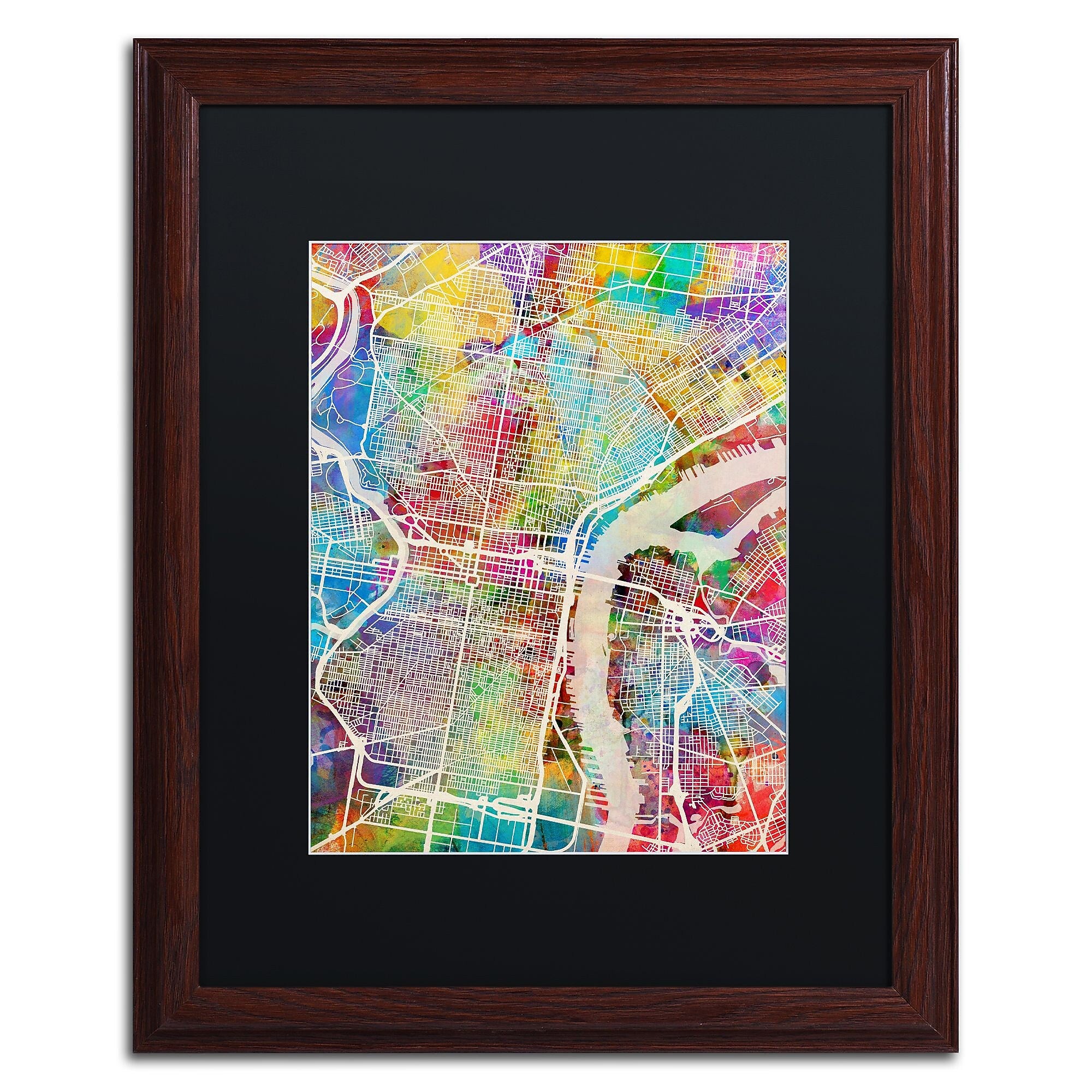 Trademark Fine Art ''Philadelphia Street Map'' by Michael Tompsett 16" x 20" Black Matted Wood Frame (MT0857-W1620BMF)