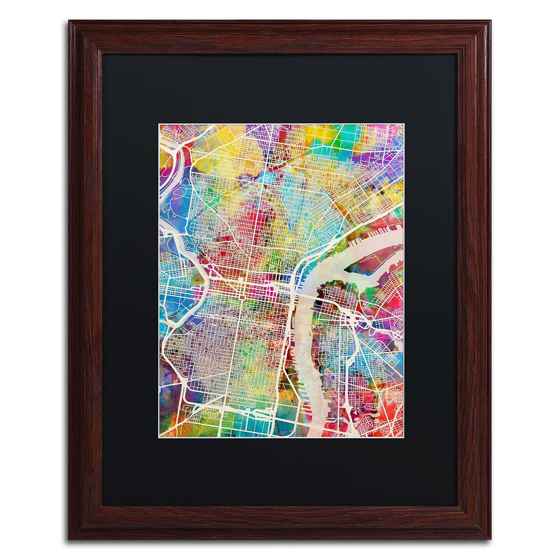Trademark Fine Art ''Philadelphia Street Map'' by Michael Tompsett 16" x 20" Black Matted Wood Frame (MT0857-W1620BMF)