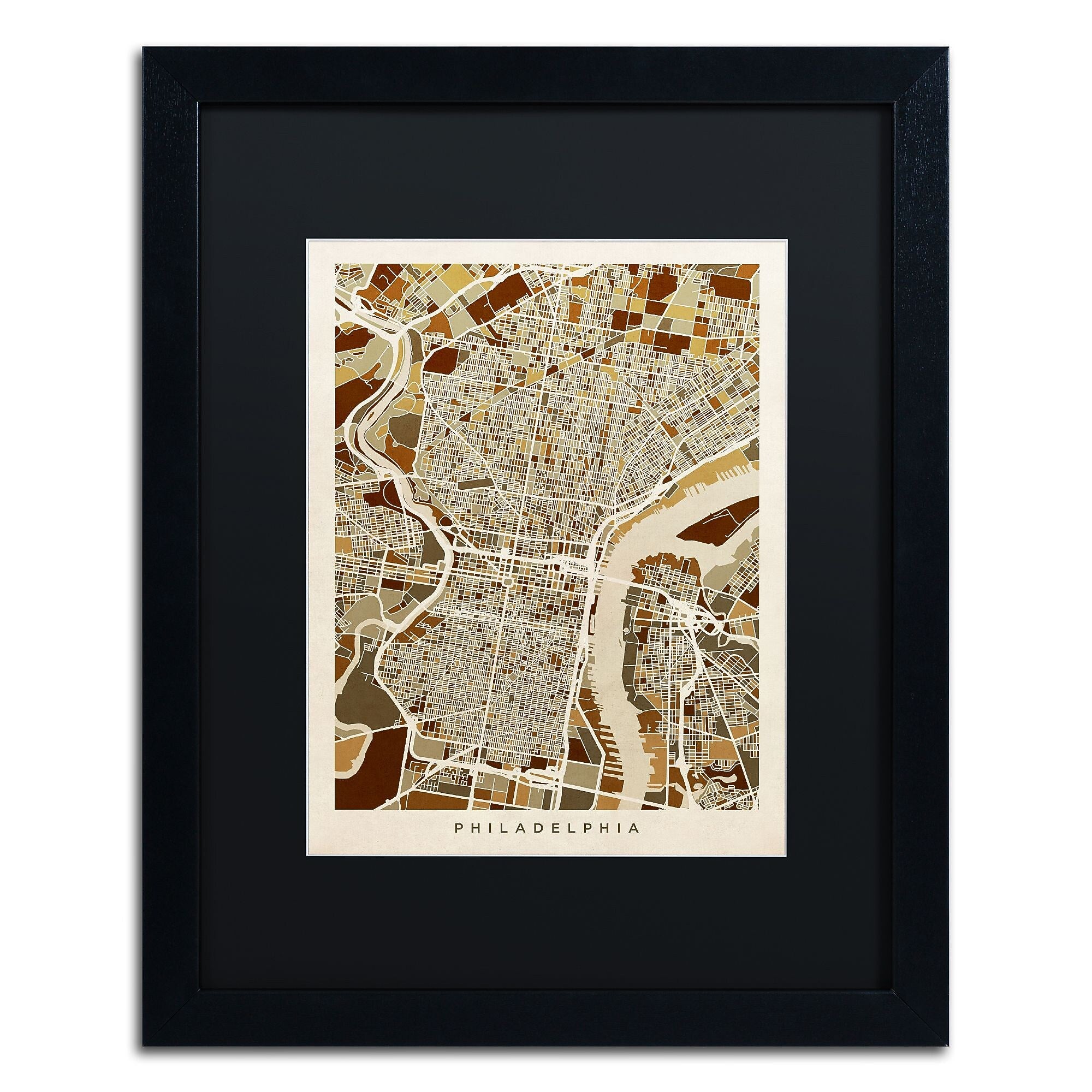 Trademark Fine Art ''Philadelphia Street Map II'' by Michael Tompsett 16" x 20" Black Matted Black Frame (MT0858-B1620BMF)