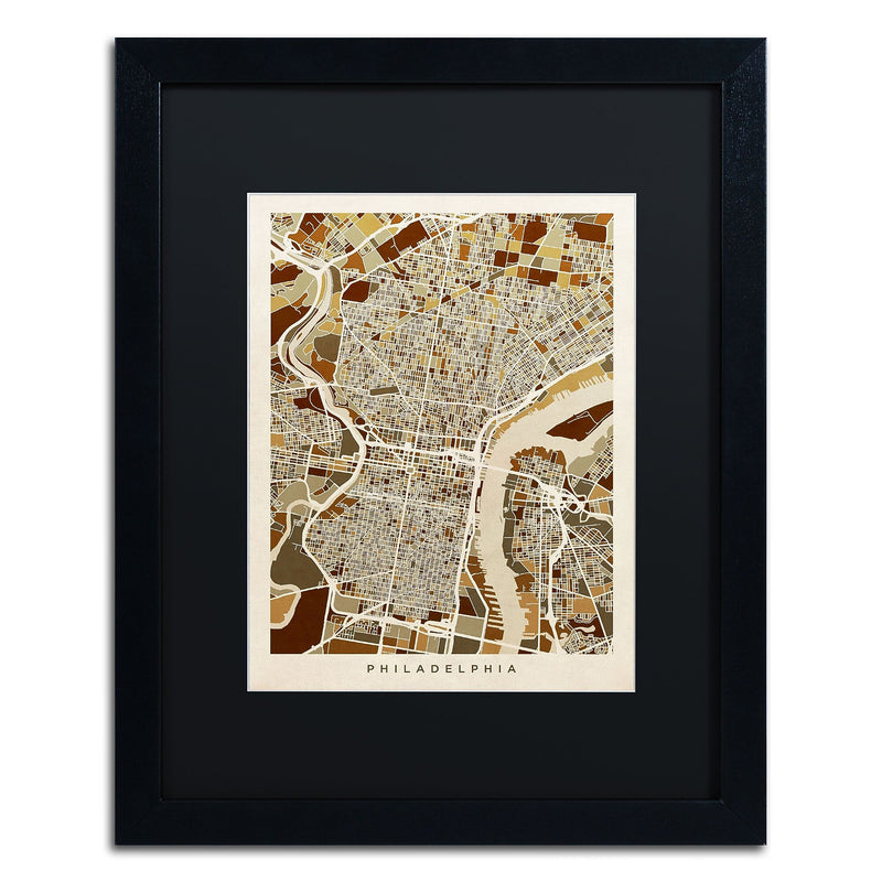 Trademark Fine Art ''Philadelphia Street Map II'' by Michael Tompsett 16" x 20" Black Matted Black Frame (MT0858-B1620BMF)
