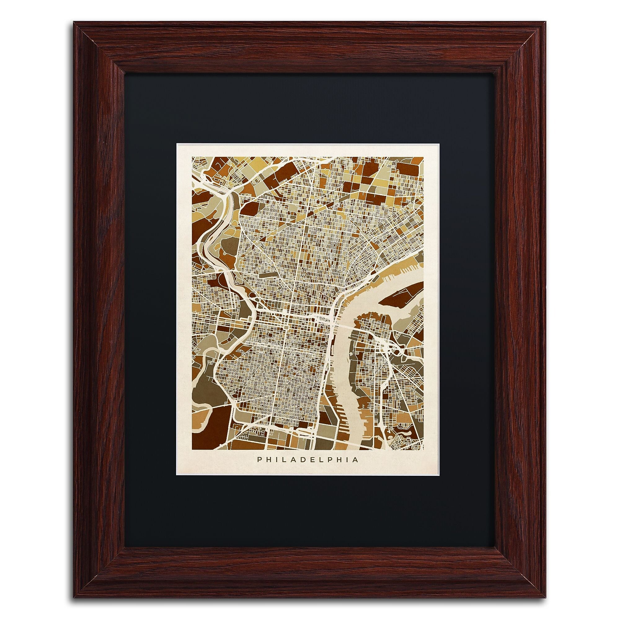 Trademark Fine Art ''Philadelphia Street Map II'' by Michael Tompsett 11" x 14" Black Matted Wood Frame (MT0858-W1114BMF)