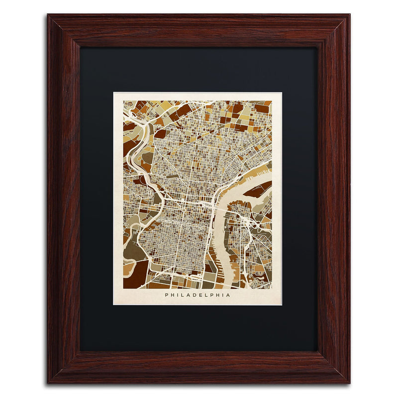 Trademark Fine Art ''Philadelphia Street Map II'' by Michael Tompsett 11" x 14" Black Matted Wood Frame (MT0858-W1114BMF)