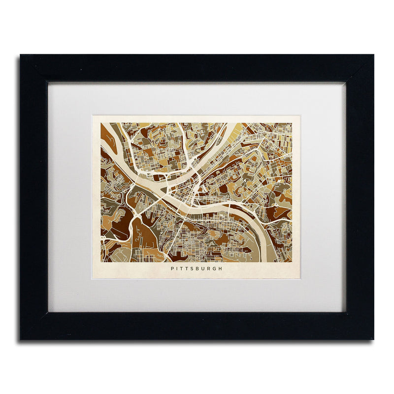 Trademark Fine Art ''Pittsburgh Street Map'' by Michael Tompsett 11" x 14" White Matted Black Frame (MT0861-B1114MF)