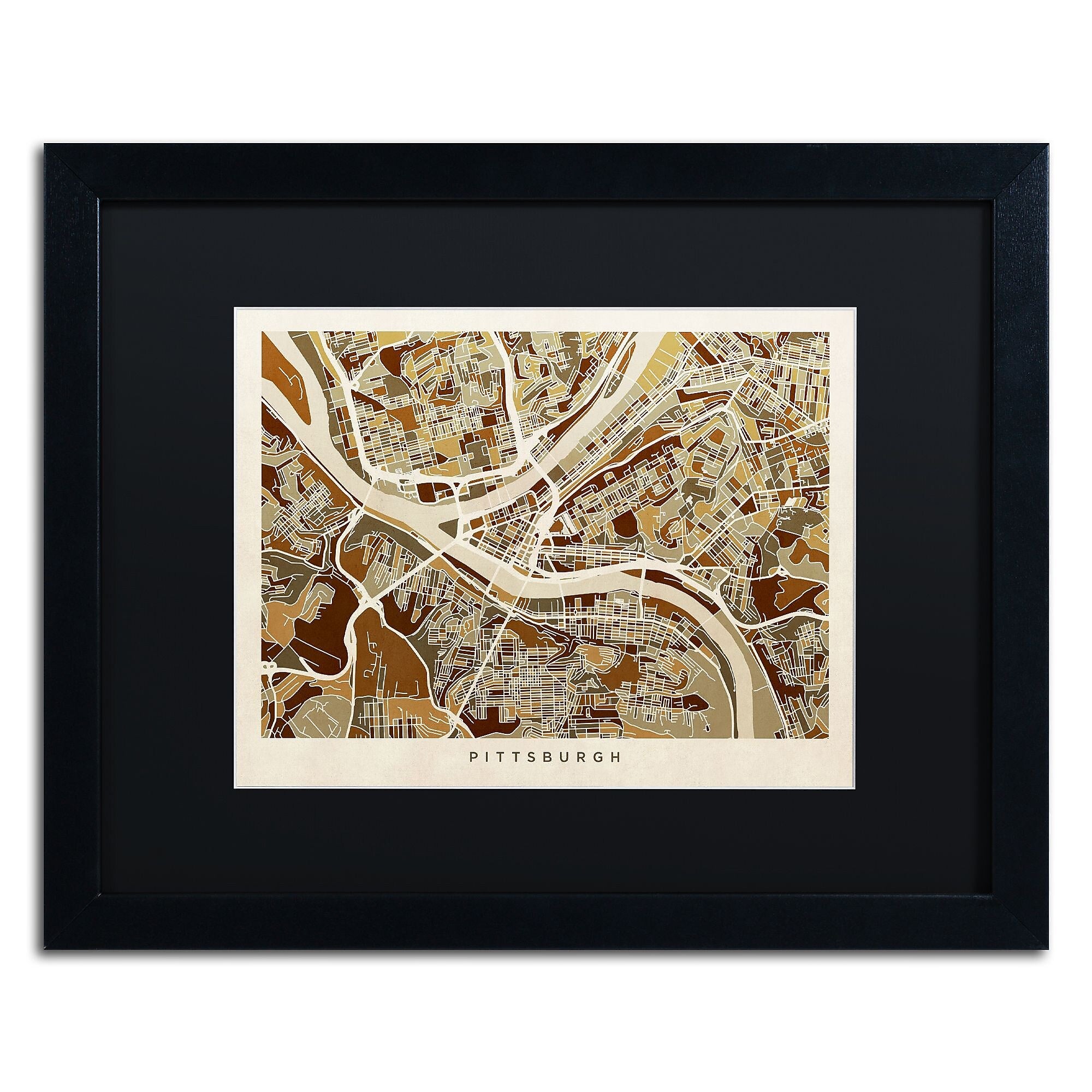 Trademark Fine Art ''Pittsburgh Street Map'' by Michael Tompsett 16" x 20" Black Matted Black Frame (MT0861-B1620BMF)