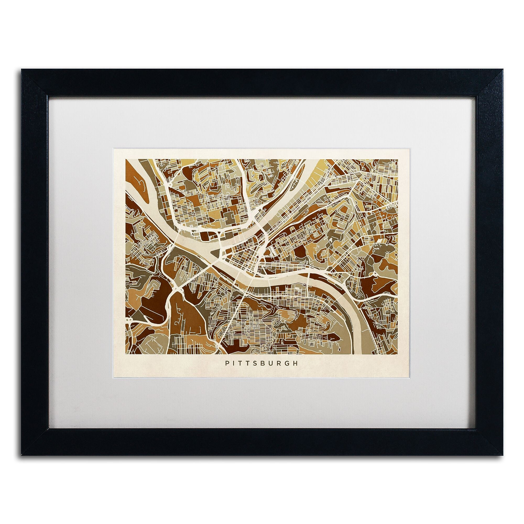 Trademark Fine Art ''Pittsburgh Street Map'' by Michael Tompsett 16" x 20" White Matted Black Frame (MT0861-B1620MF)