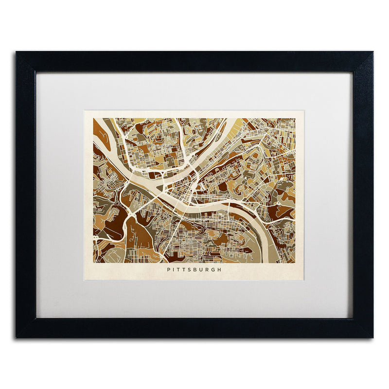 Trademark Fine Art ''Pittsburgh Street Map'' by Michael Tompsett 16" x 20" White Matted Black Frame (MT0861-B1620MF)