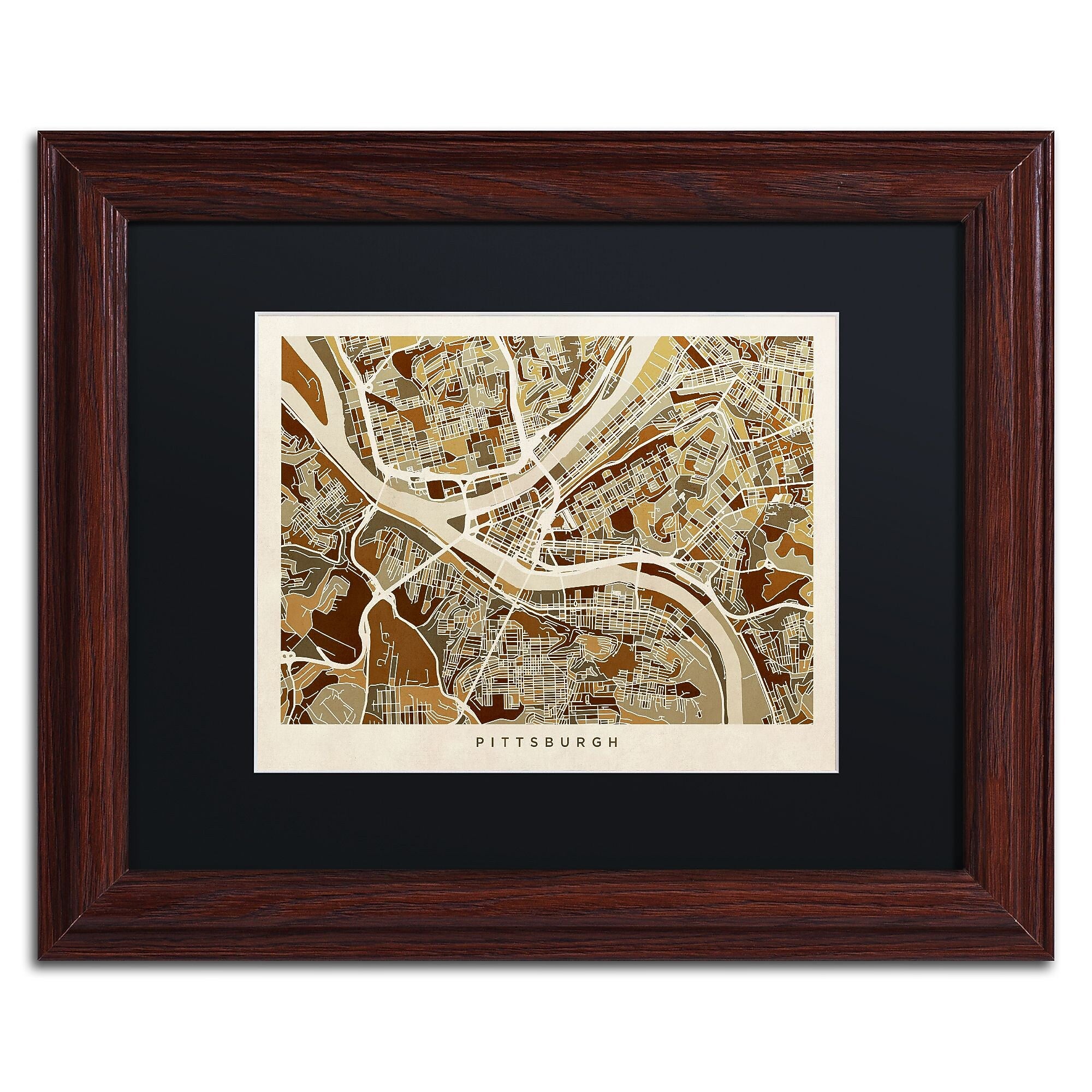 Trademark Fine Art ''Pittsburgh Street Map'' by Michael Tompsett 11" x 14" Black Matted Wood Frame (MT0861-W1114BMF)