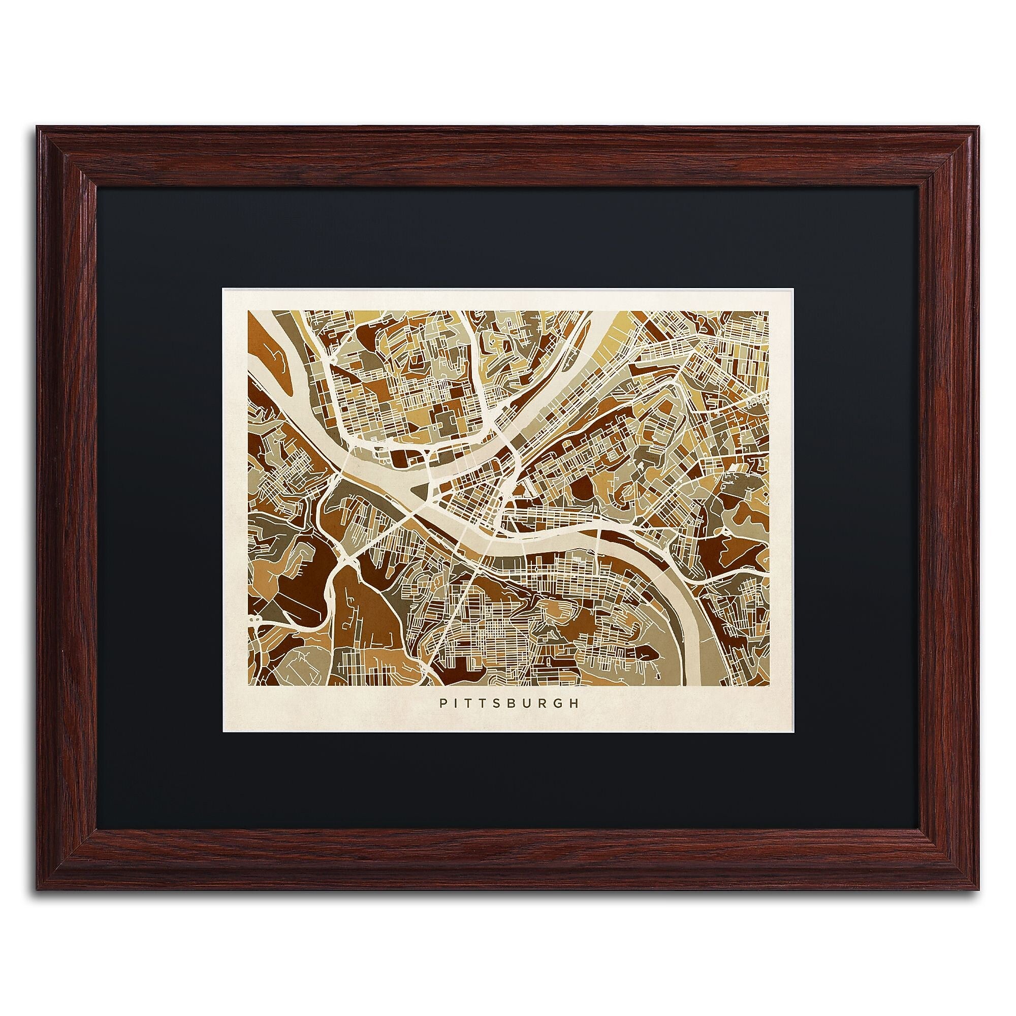 Trademark Fine Art ''Pittsburgh Street Map'' by Michael Tompsett 16" x 20" Black Matted Wood Frame (MT0861-W1620BMF)