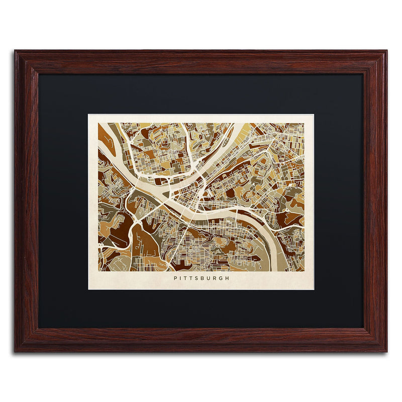 Trademark Fine Art ''Pittsburgh Street Map'' by Michael Tompsett 16" x 20" Black Matted Wood Frame (MT0861-W1620BMF)
