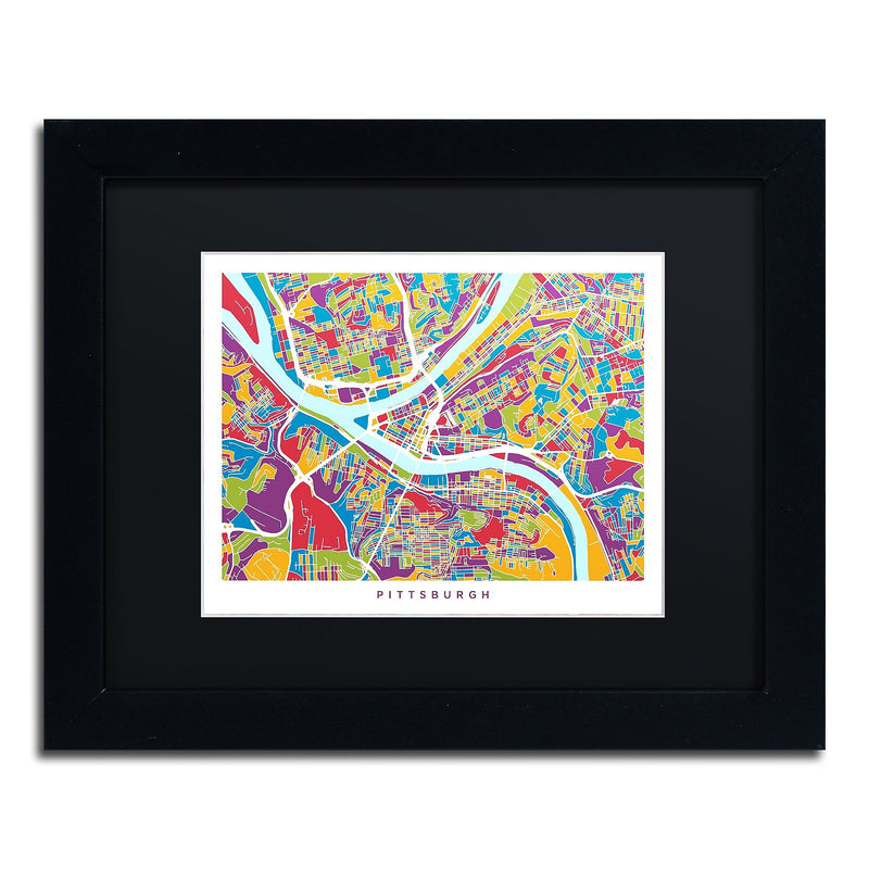 Trademark Fine Art ''Pittsburgh Street Map'' by Michael Tompsett 11" x 14" Black Matted Black Frame (MT0862-B1114BMF)