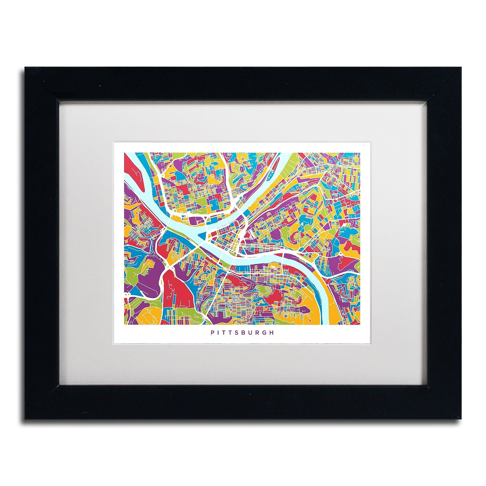 Trademark Fine Art ''Pittsburgh Street Map'' by Michael Tompsett 11" x 14" White Matted Black Frame (MT0862-B1114MF)