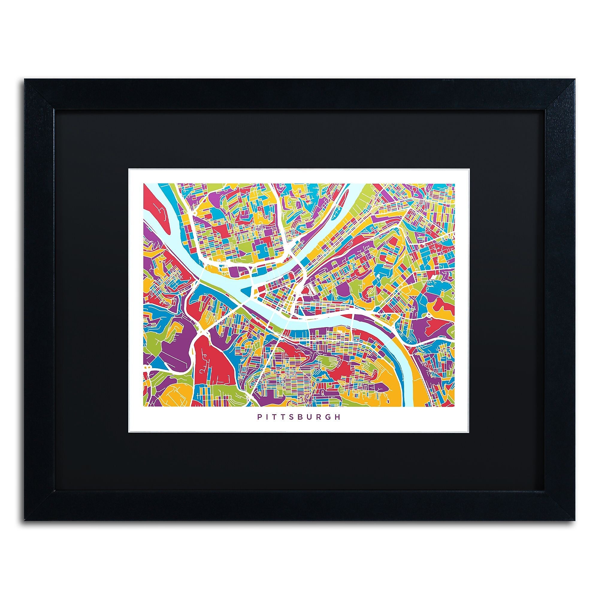 Trademark Fine Art ''Pittsburgh Street Map'' by Michael Tompsett 16" x 20" Black Matted Black Frame (MT0862-B1620BMF)