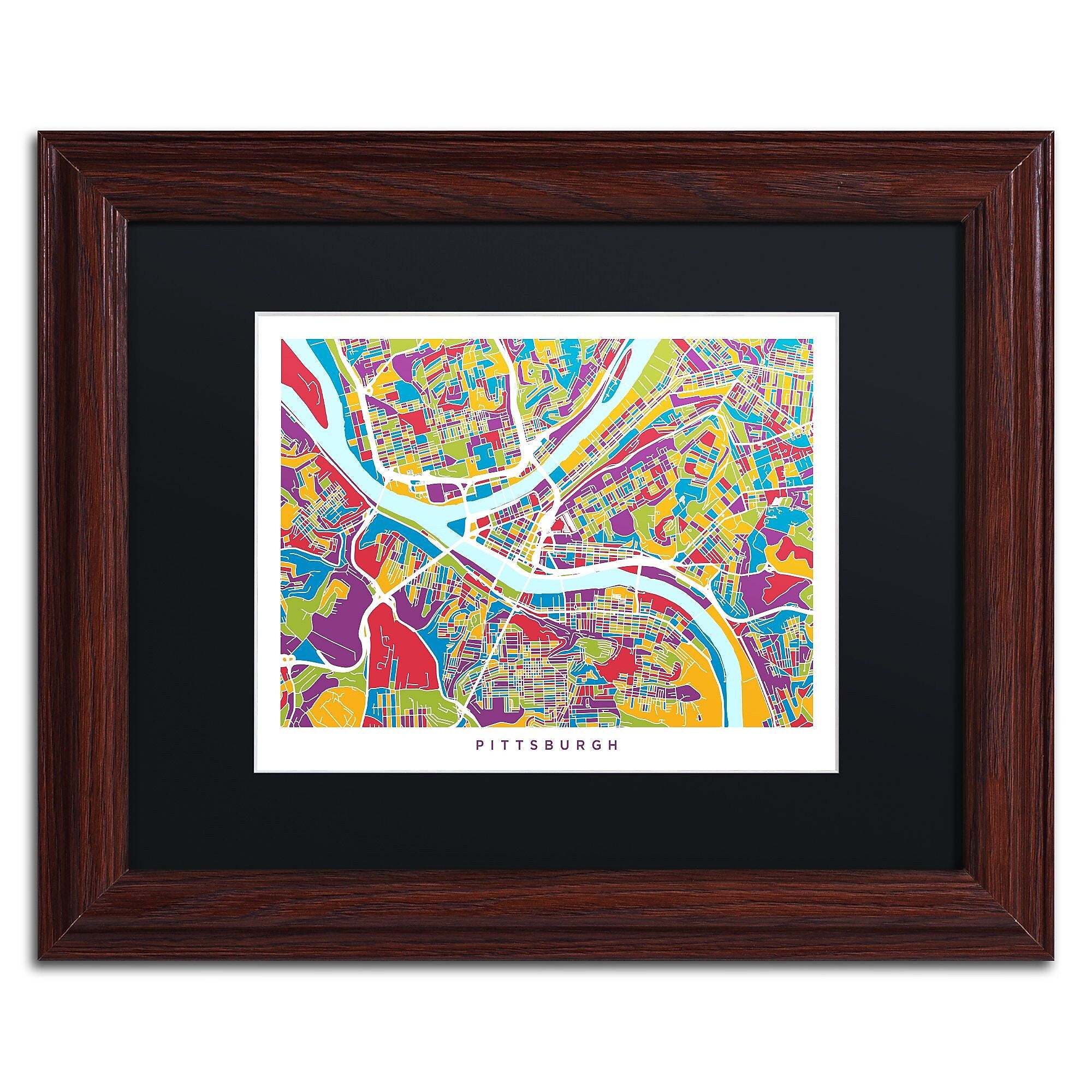 Trademark Fine Art ''Pittsburgh Street Map'' by Michael Tompsett 11" x 14" Black Matted Wood Frame (MT0862-W1114BMF)