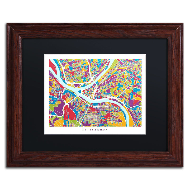Trademark Fine Art ''Pittsburgh Street Map'' by Michael Tompsett 11" x 14" Black Matted Wood Frame (MT0862-W1114BMF)