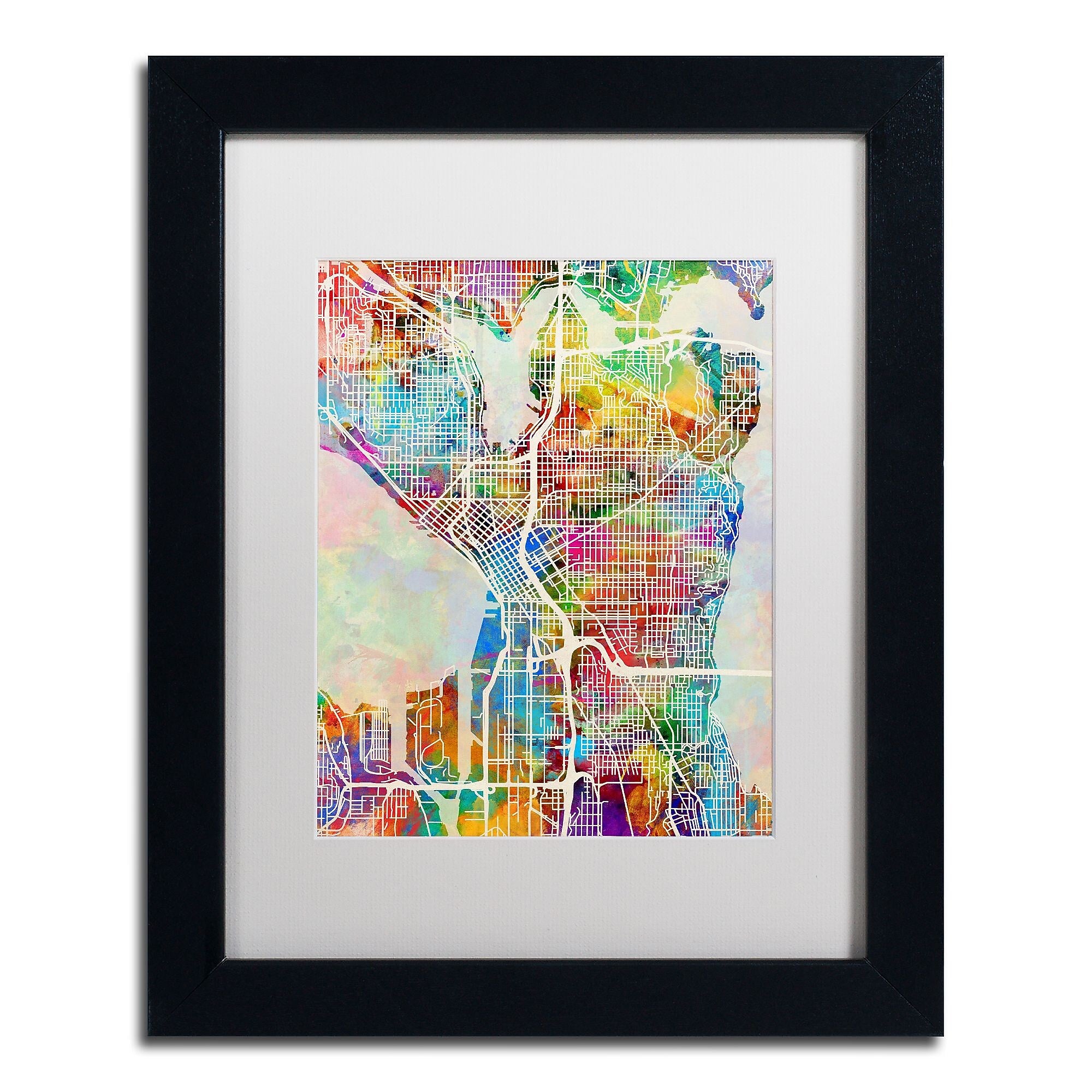 Trademark Fine Art ''Seattle Washington Street Map'' by Michael Tompsett 11" x 14" Black Frame (MT0869-B1114MF)