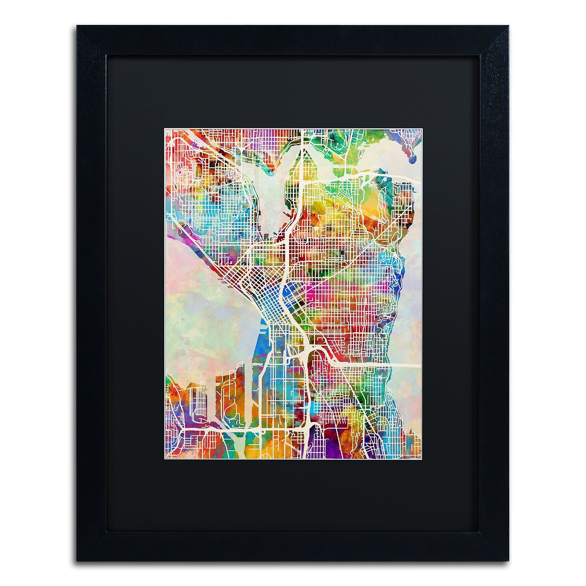 Trademark Fine Art ''Seattle Washington Street Map'' by Michael Tompsett 16" x 20" Black Matted Black Frame (MT0869-B1620BMF)