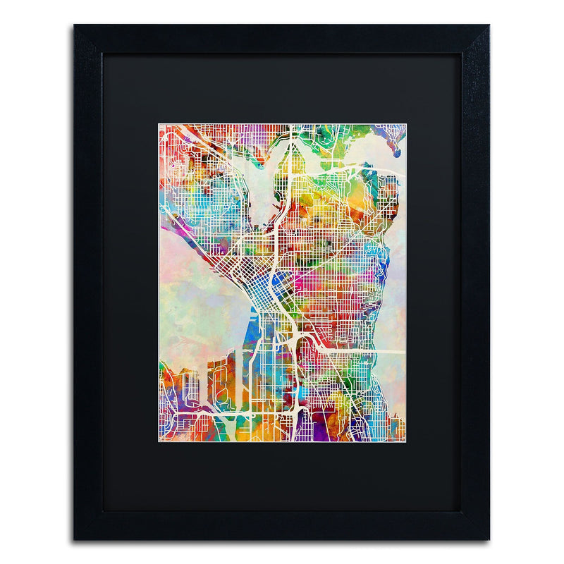 Trademark Fine Art ''Seattle Washington Street Map'' by Michael Tompsett 16" x 20" Black Matted Black Frame (MT0869-B1620BMF)